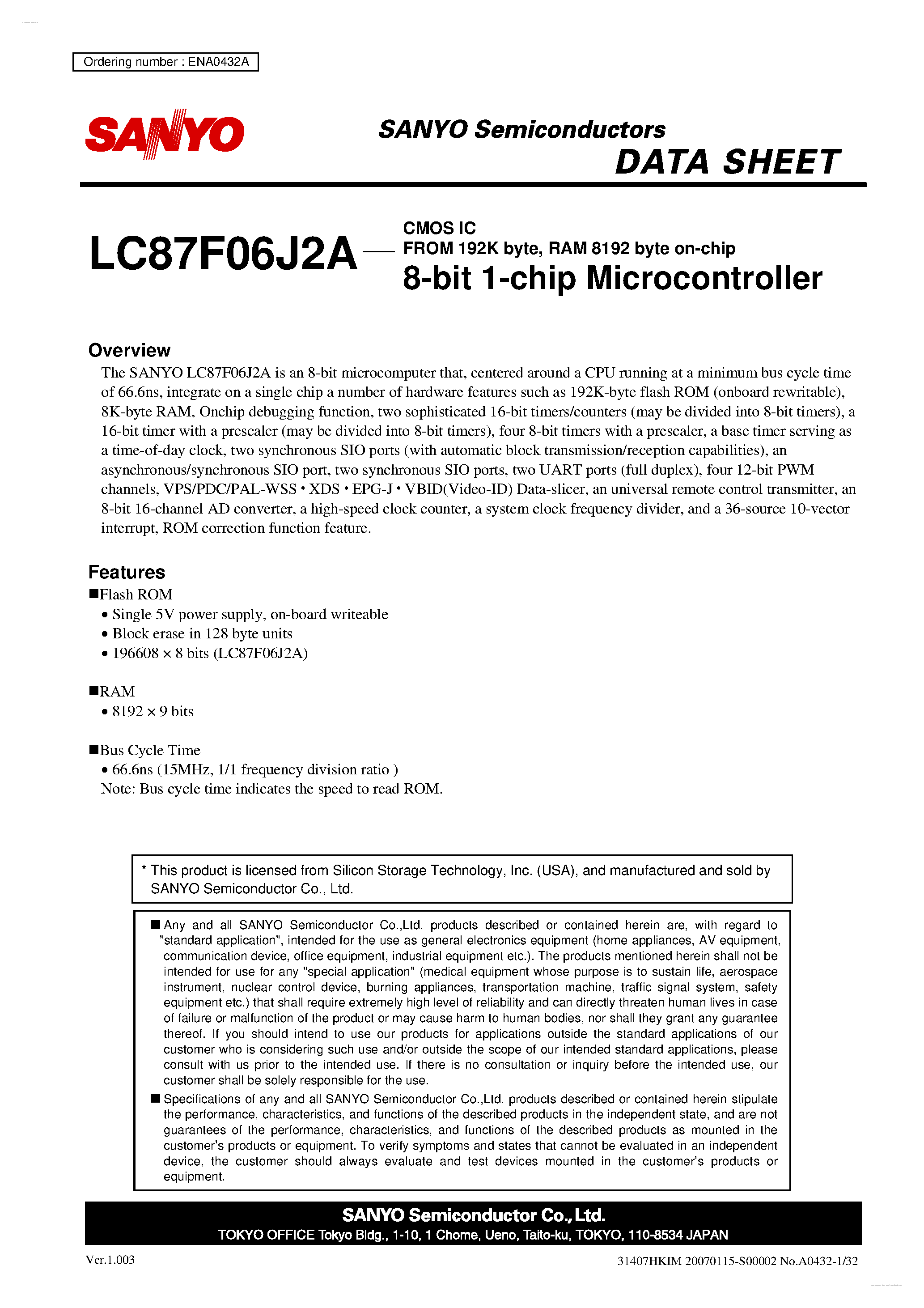 Datasheet LC87F06J2A - 8-bit 1-chip Microcontroller page 1
