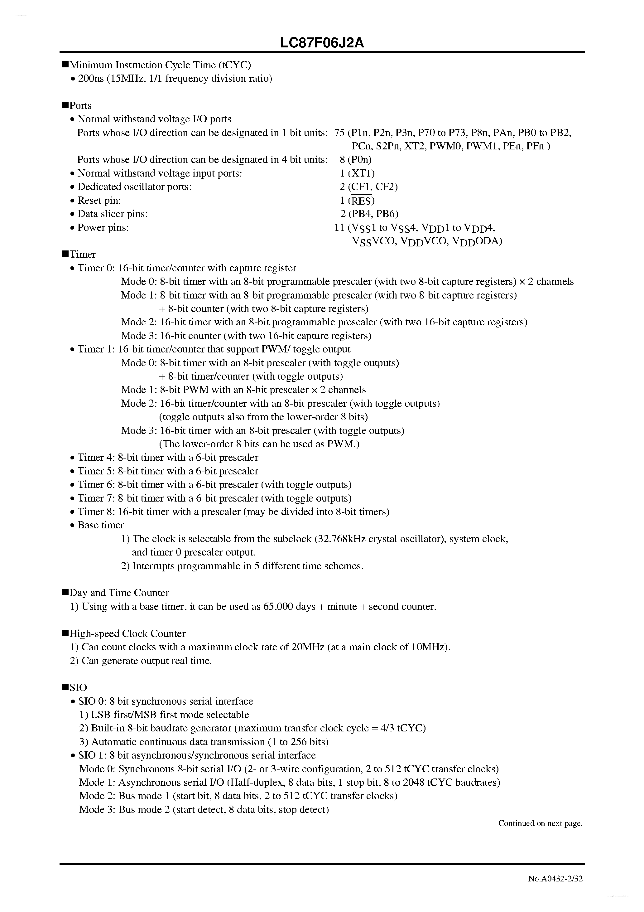 Datasheet LC87F06J2A - 8-bit 1-chip Microcontroller page 2