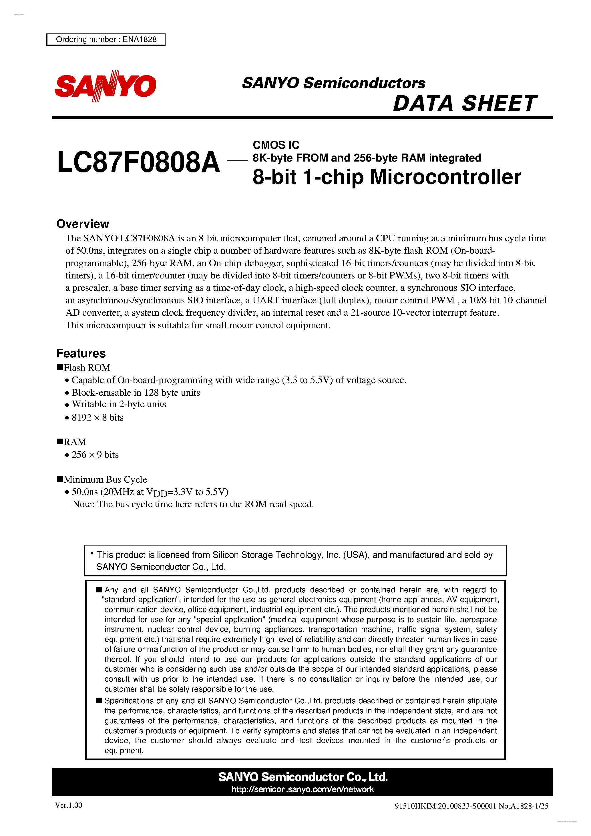 Datasheet LC87F0808A - 8-bit 1-chip Microcontroller page 1