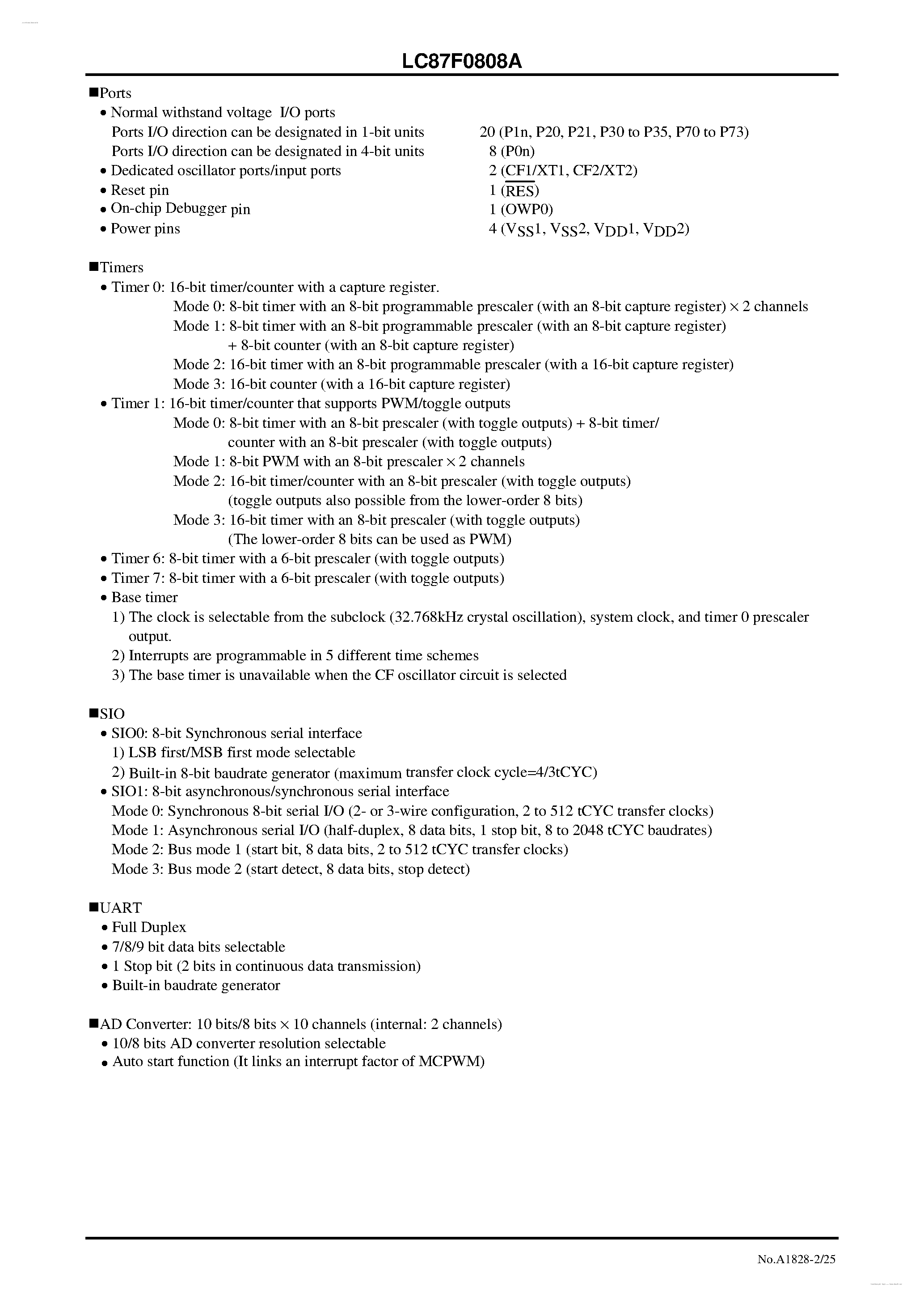 Datasheet LC87F0808A - 8-bit 1-chip Microcontroller page 2