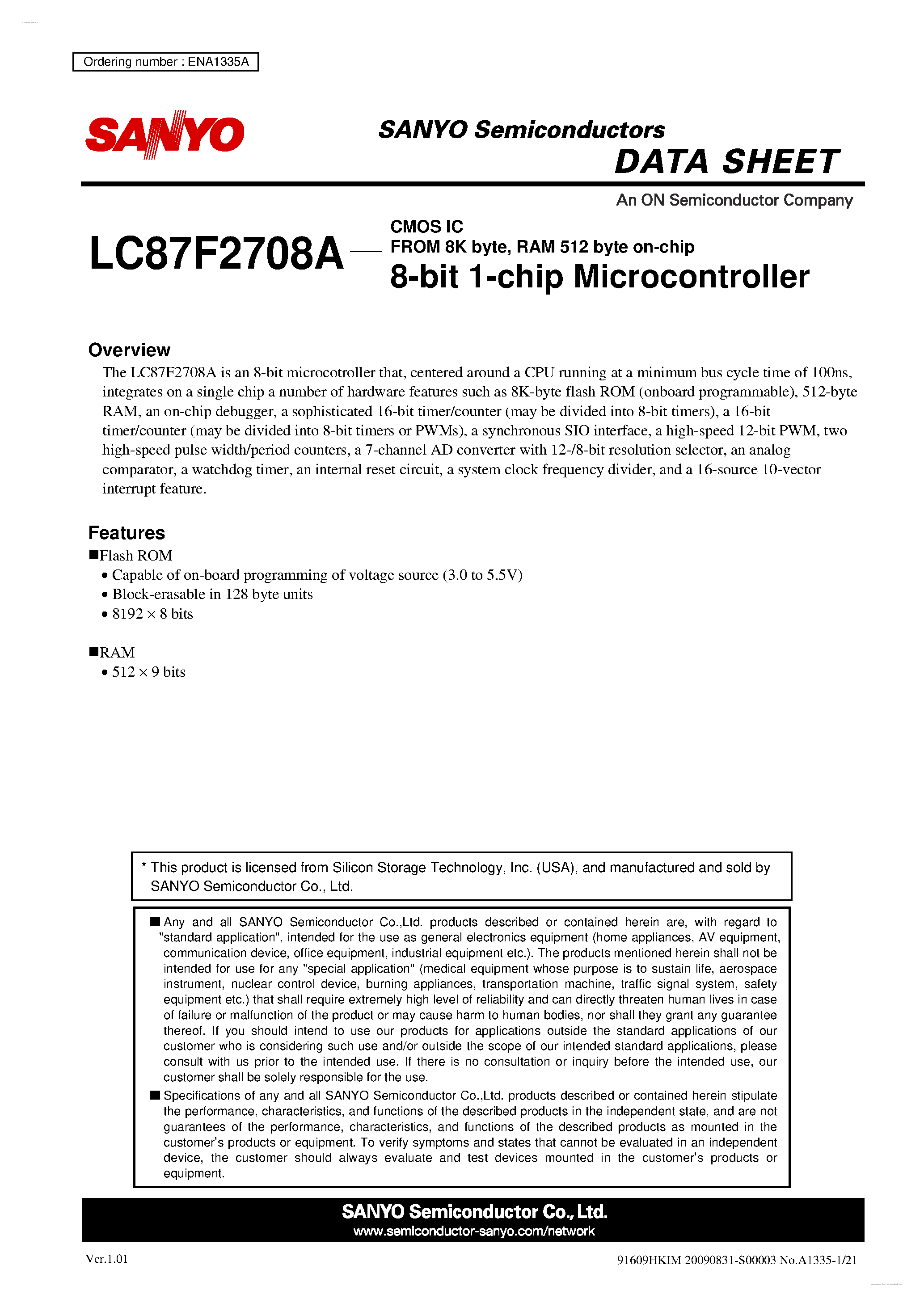 Datasheet LC87F2708A - 8-bit 1-chip Microcontroller page 1