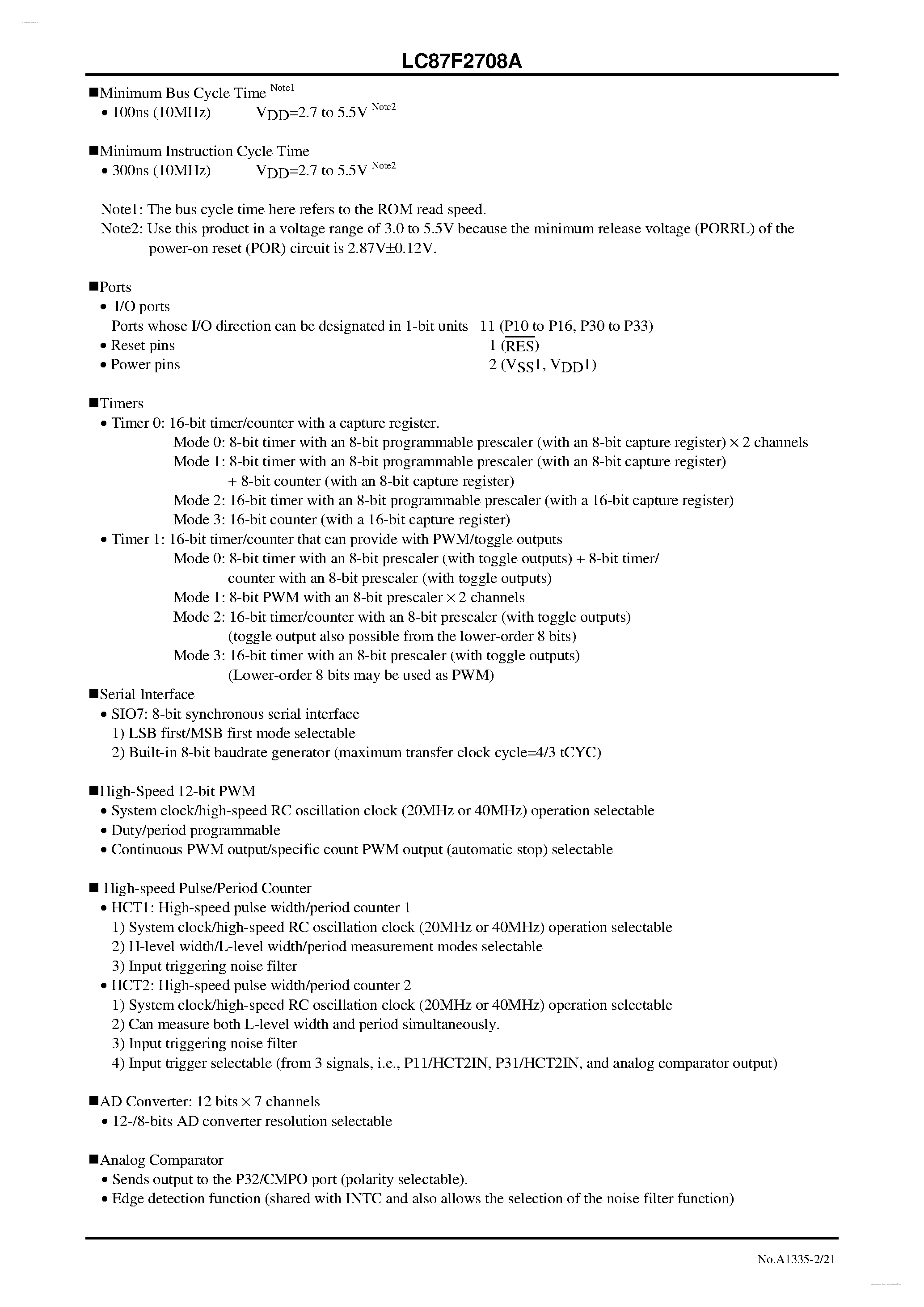 Datasheet LC87F2708A - 8-bit 1-chip Microcontroller page 2