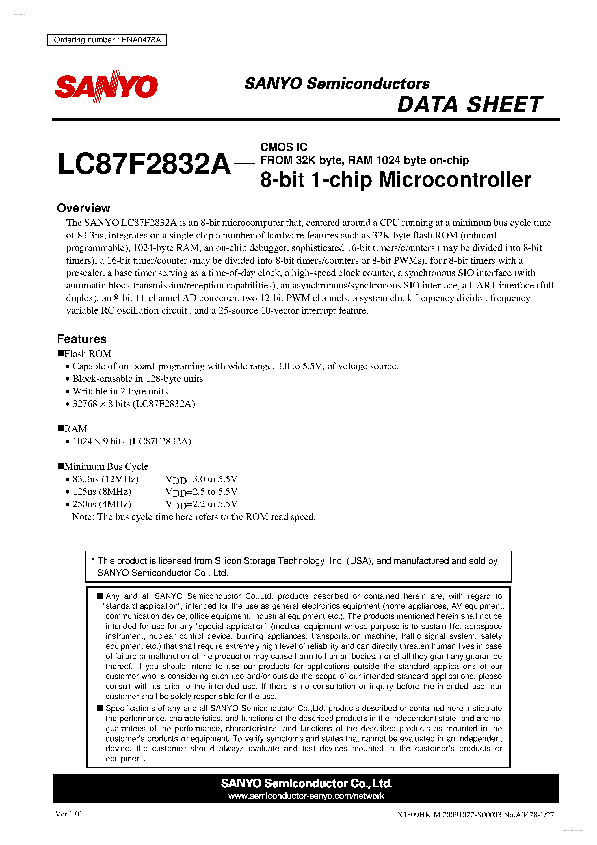 Datasheet LC87F2832A - 8-bit 1-chip Microcontroller page 1