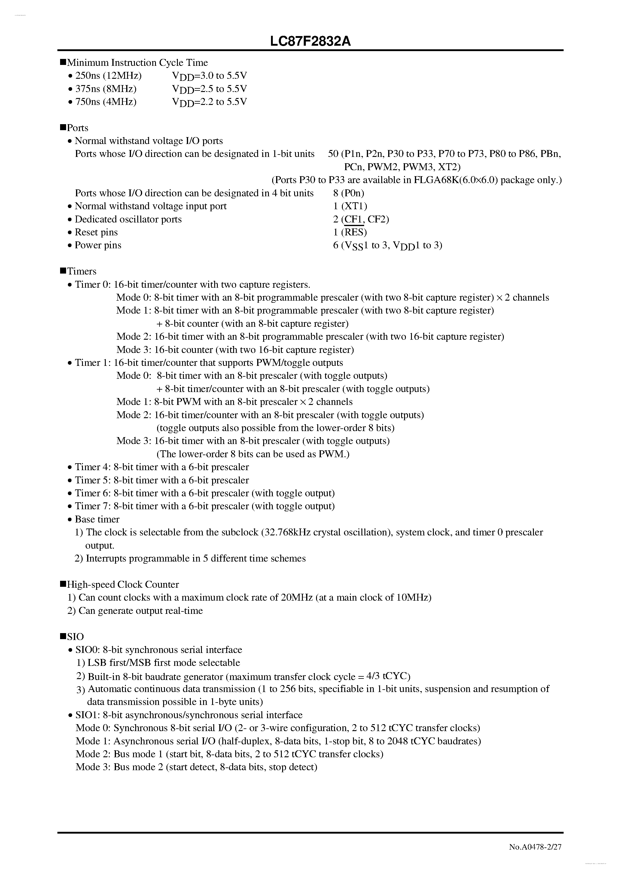 Datasheet LC87F2832A - 8-bit 1-chip Microcontroller page 2