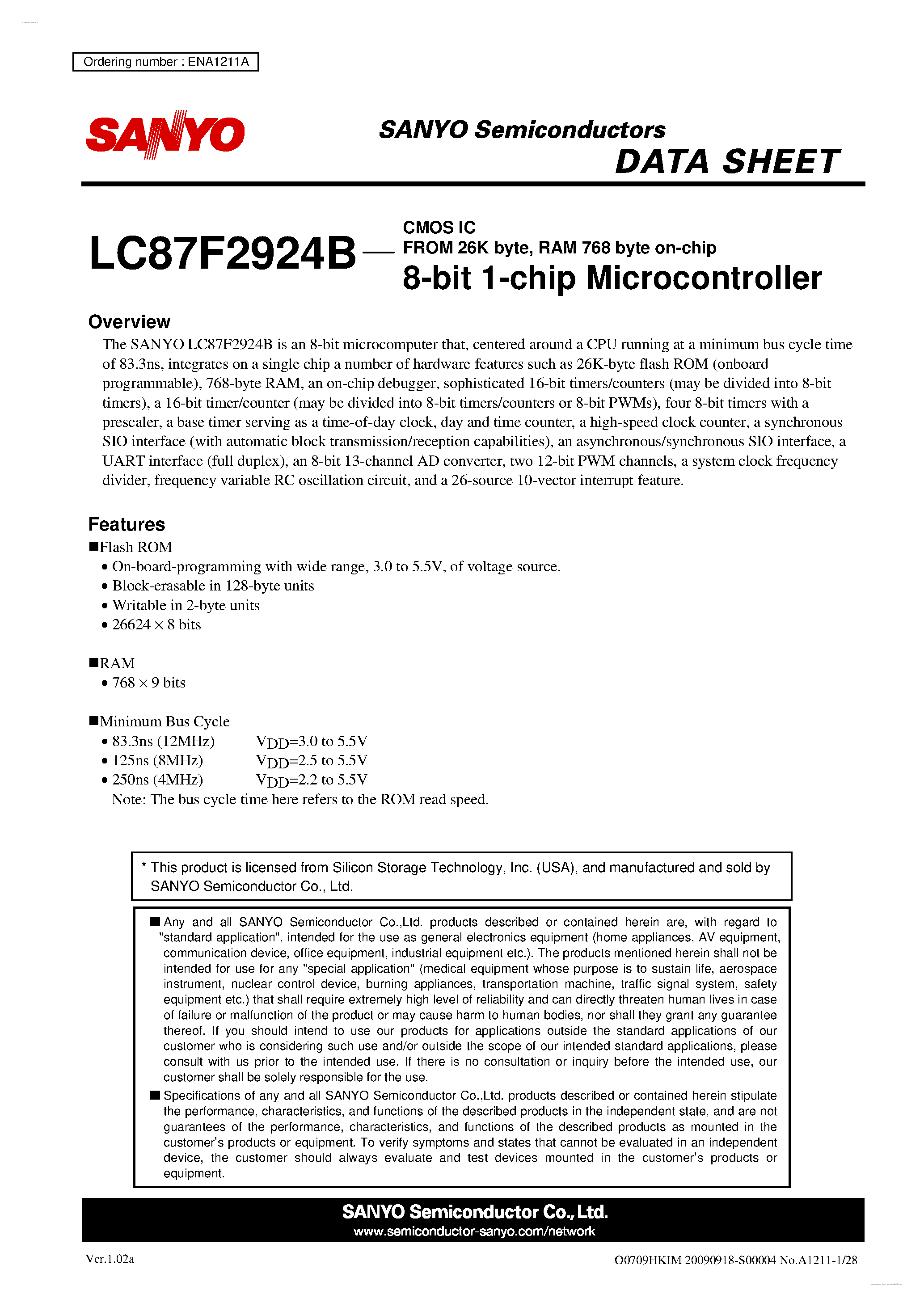 Datasheet LC87F2924B - 8-bit 1-chip Microcontroller page 1
