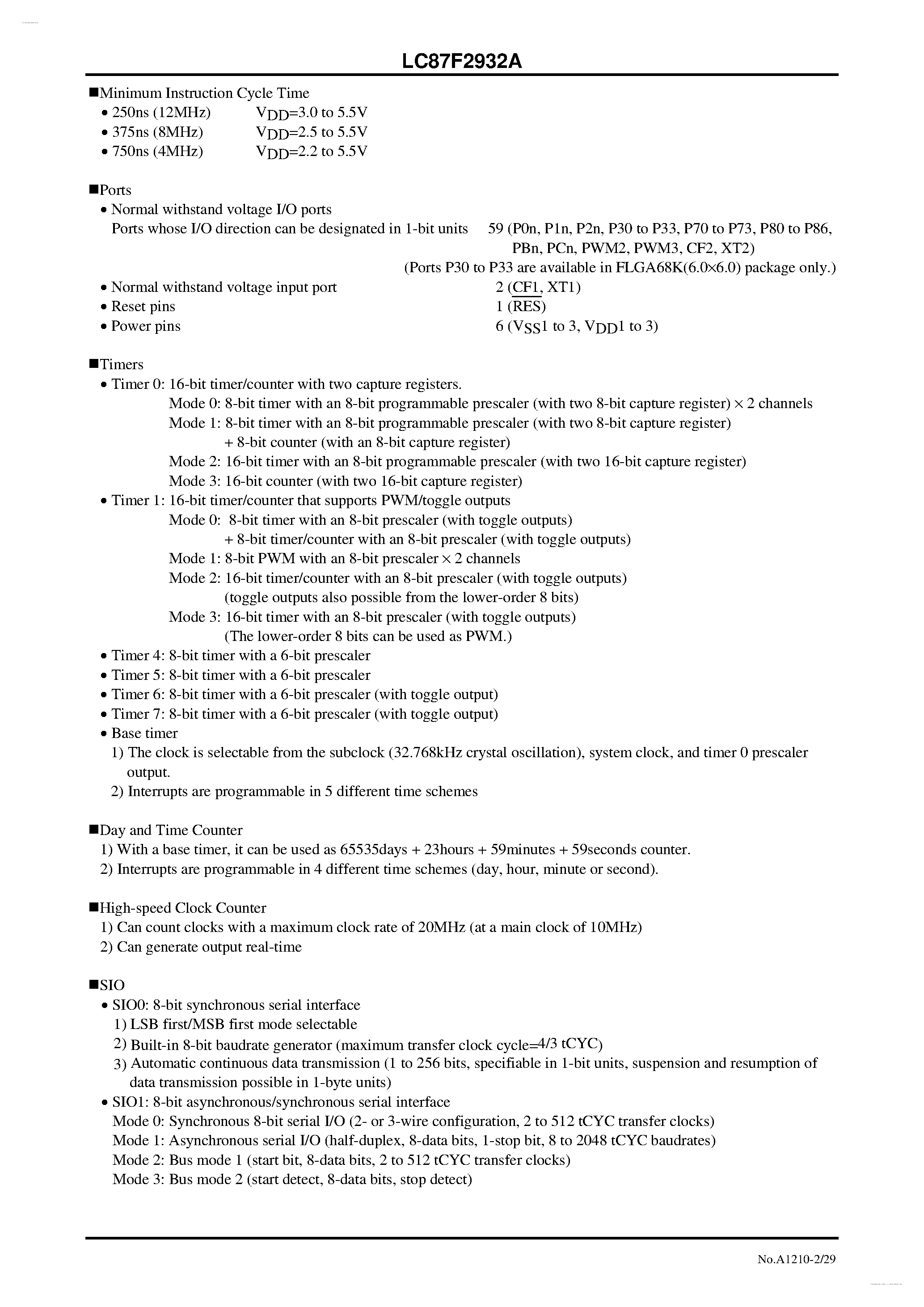 Datasheet LC87F2932A - 8-bit 1-chip Microcontroller page 2