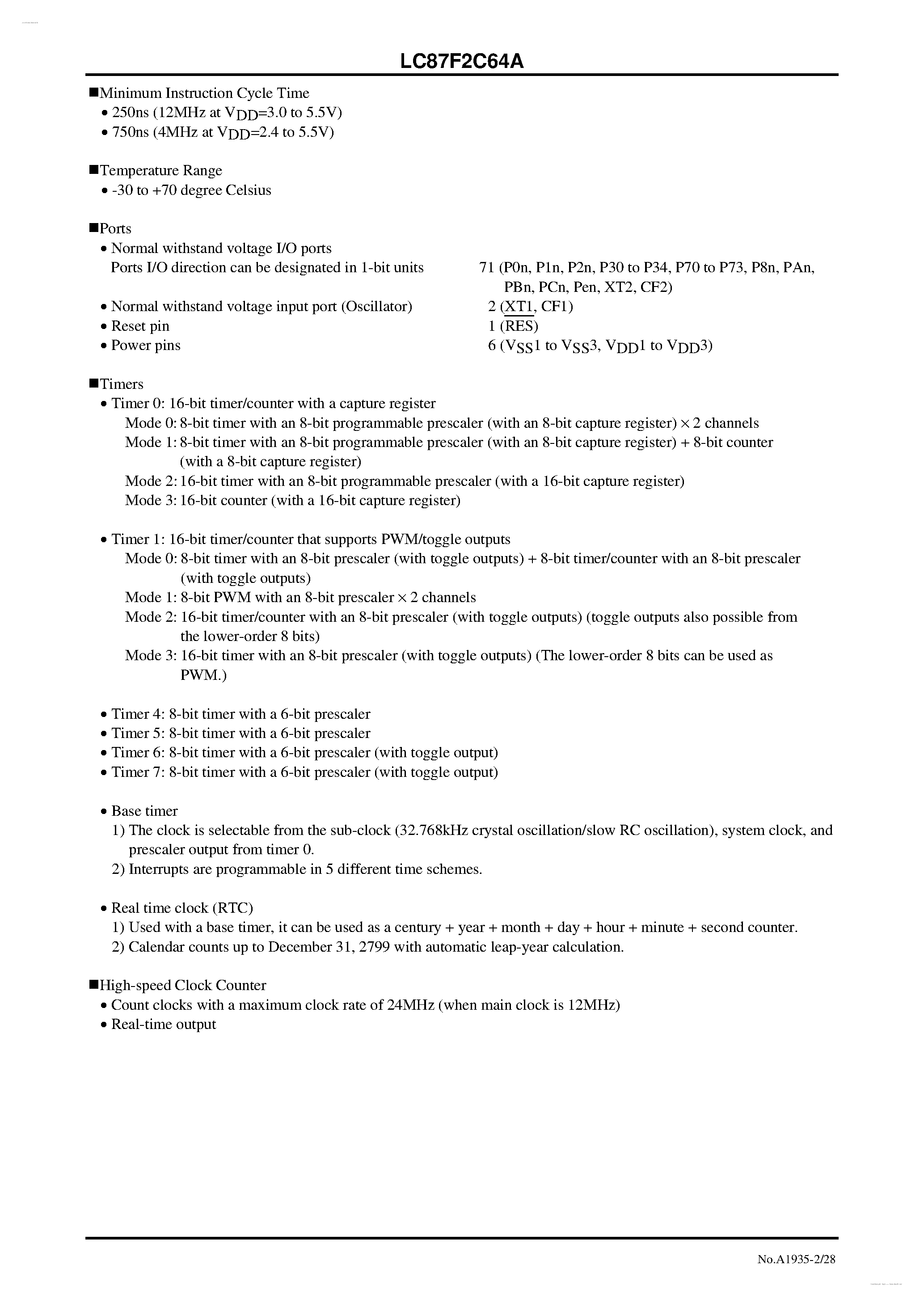 Datasheet LC87F2C64A - 8-bit 1-chip Microcontroller page 2