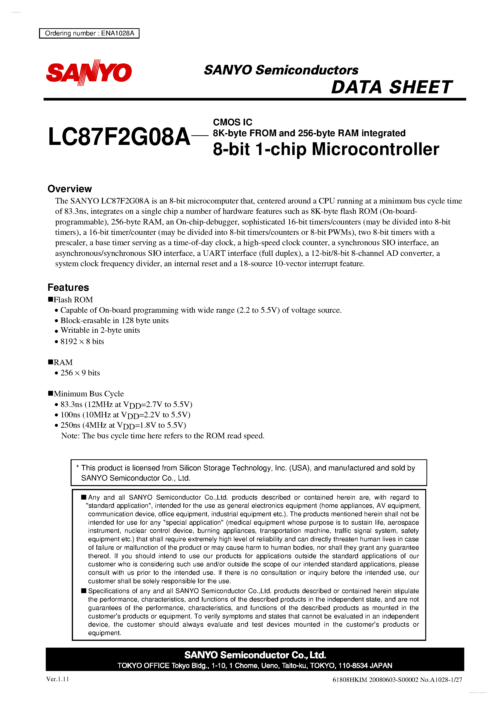 Datasheet LC87F2G08A - 8-bit 1-chip Microcontroller page 1