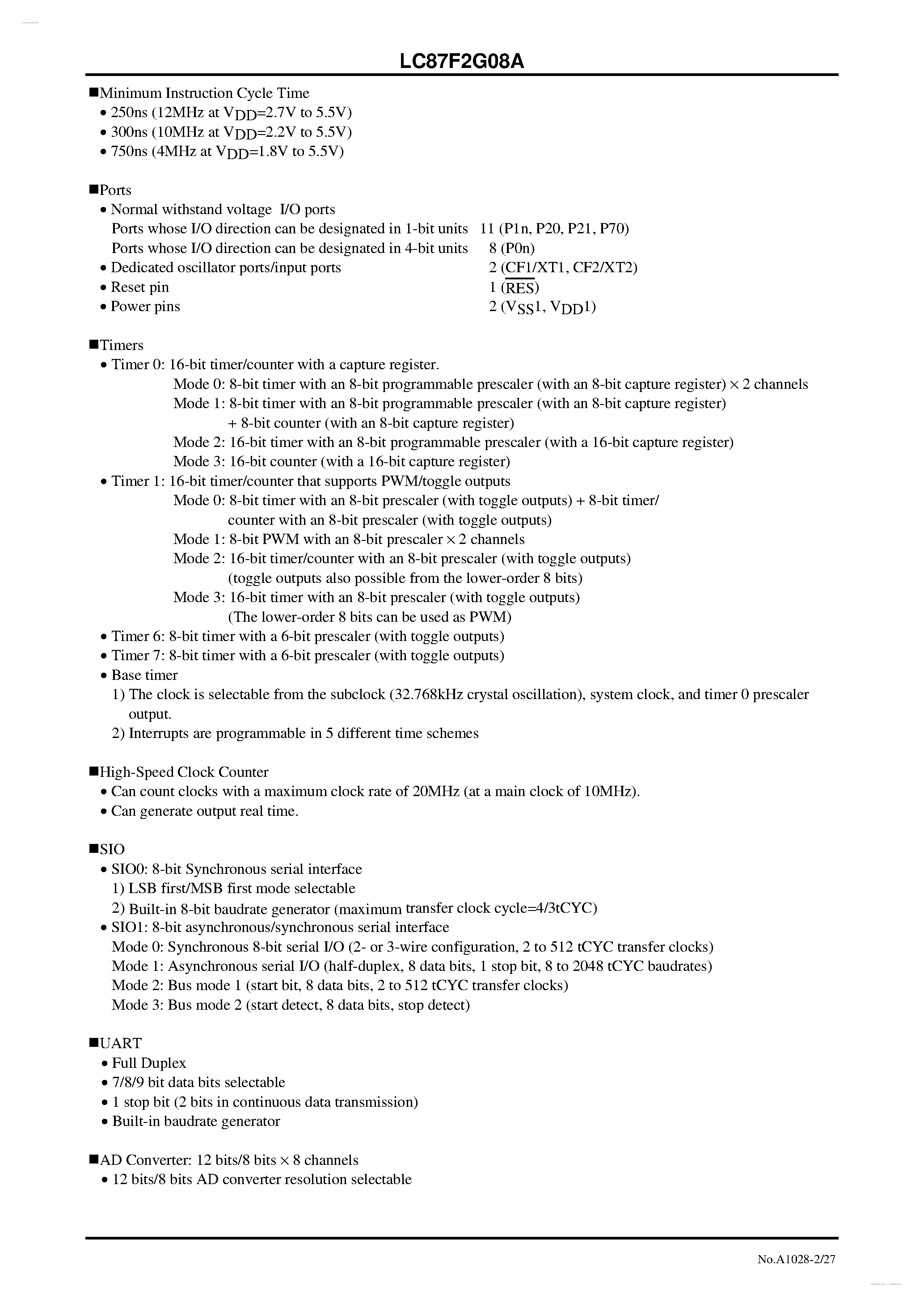 Datasheet LC87F2G08A - 8-bit 1-chip Microcontroller page 2