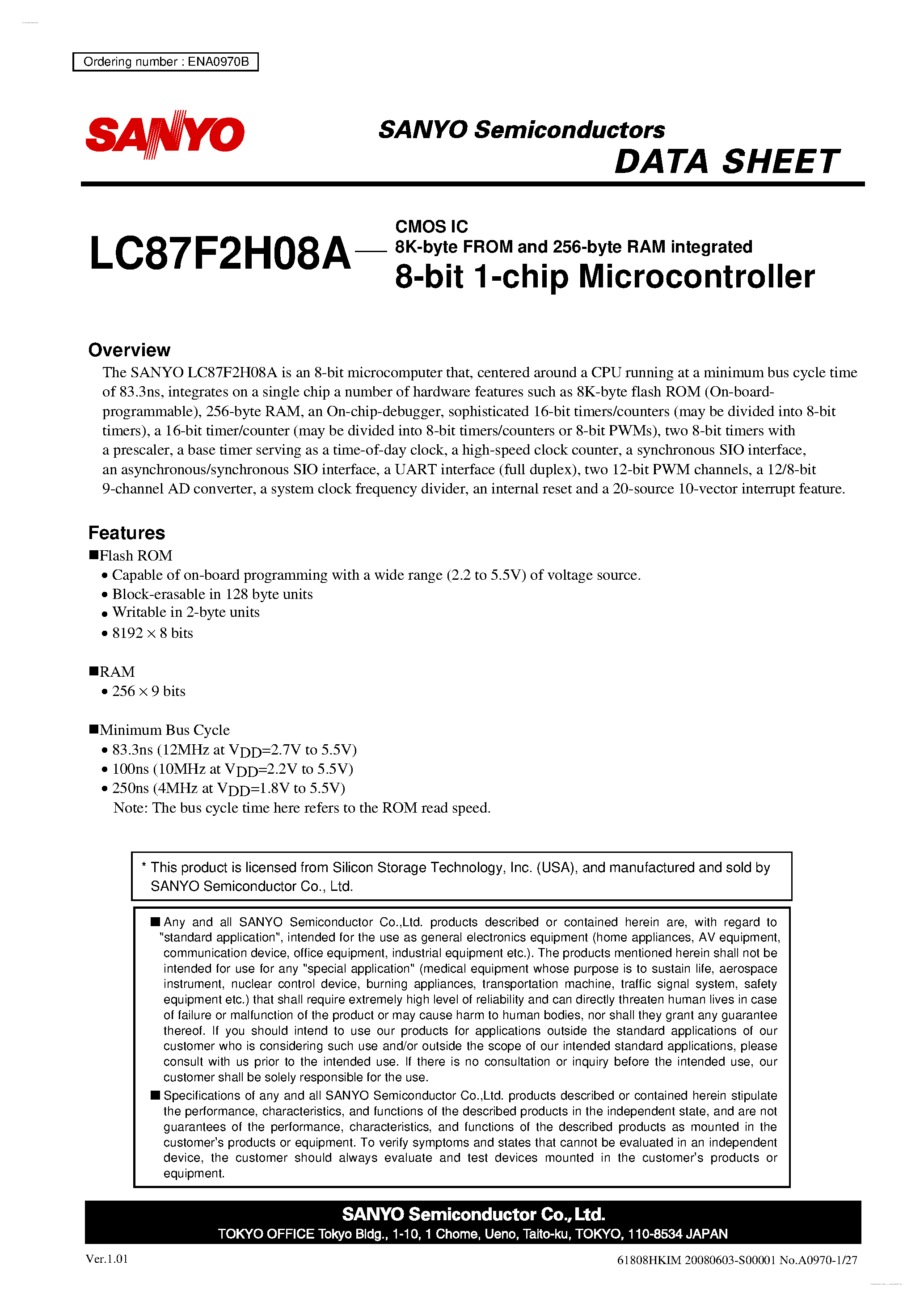 Datasheet LC87F2H08A - 8-bit 1-chip Microcontroller page 1