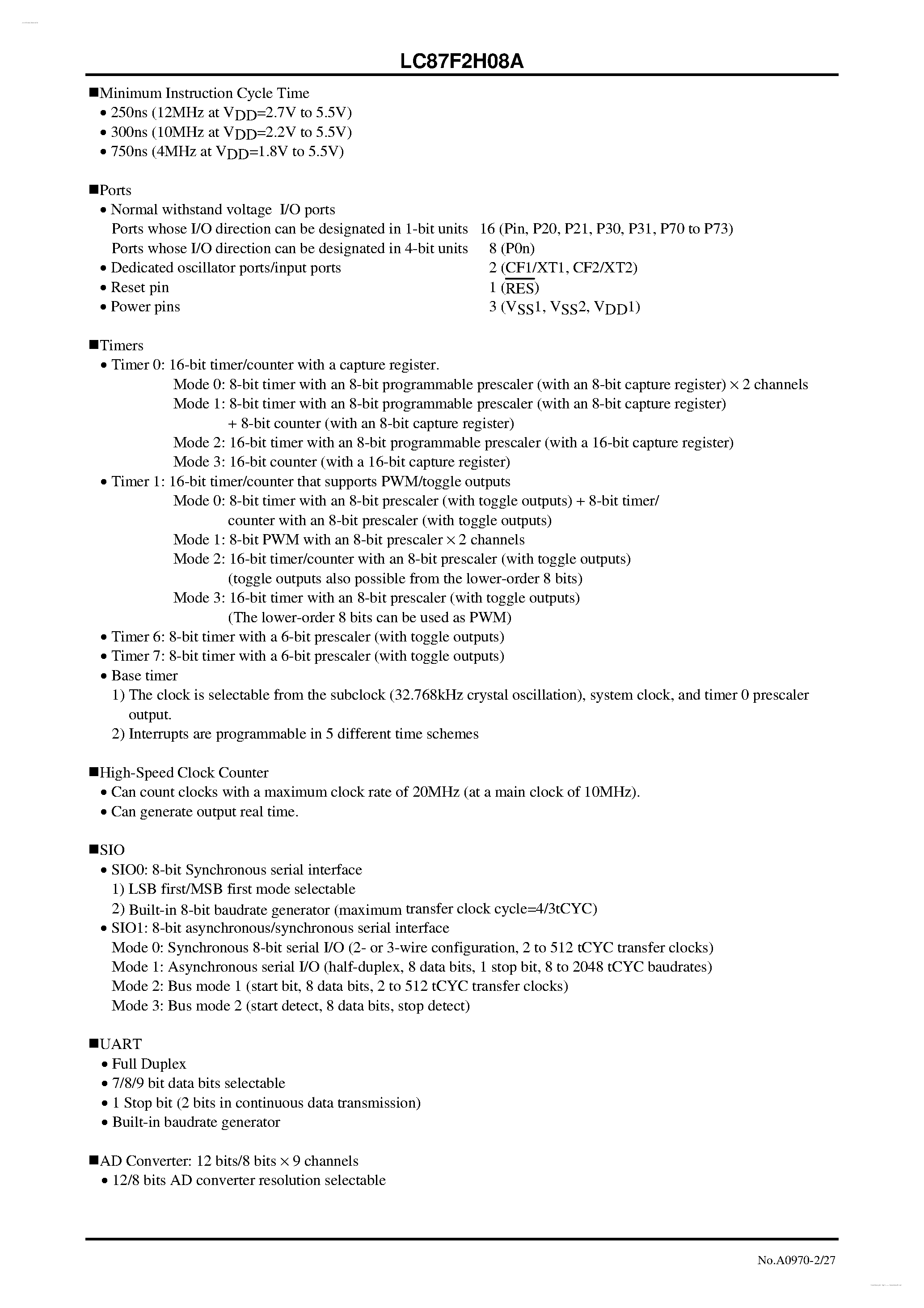 Datasheet LC87F2H08A - 8-bit 1-chip Microcontroller page 2