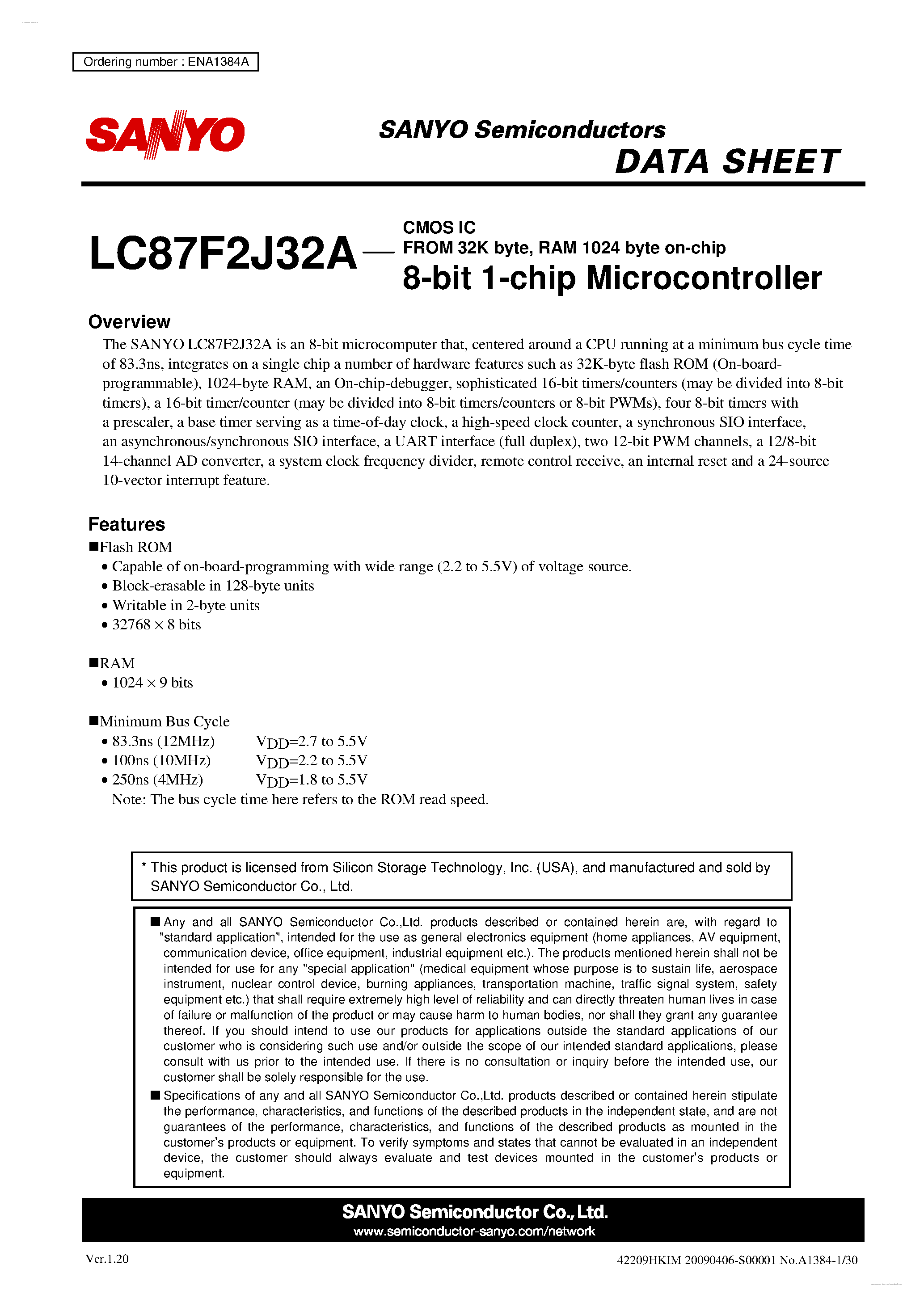 Datasheet LC87F2J32A - 8-bit 1-chip Microcontroller page 1