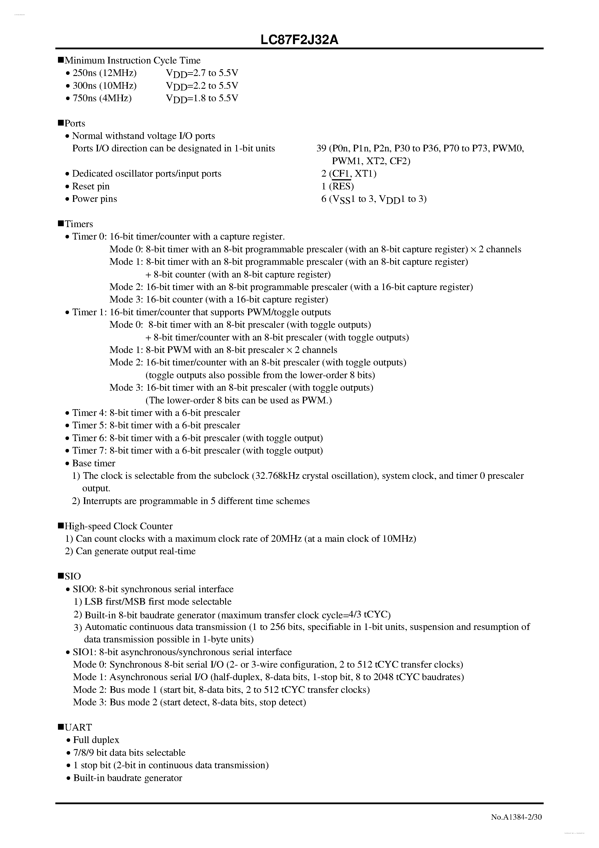 Datasheet LC87F2J32A - 8-bit 1-chip Microcontroller page 2