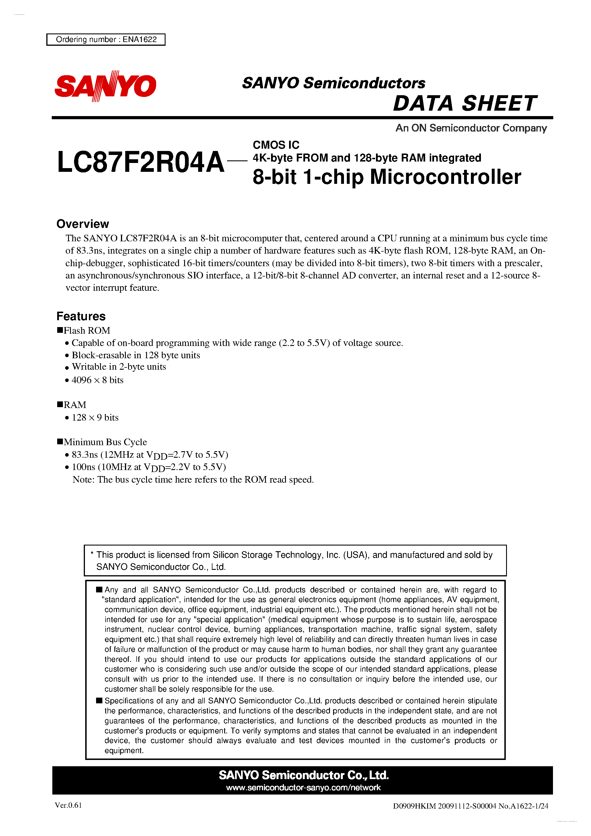 Datasheet LC87F2R04A - 8-bit 1-chip Microcontroller page 1