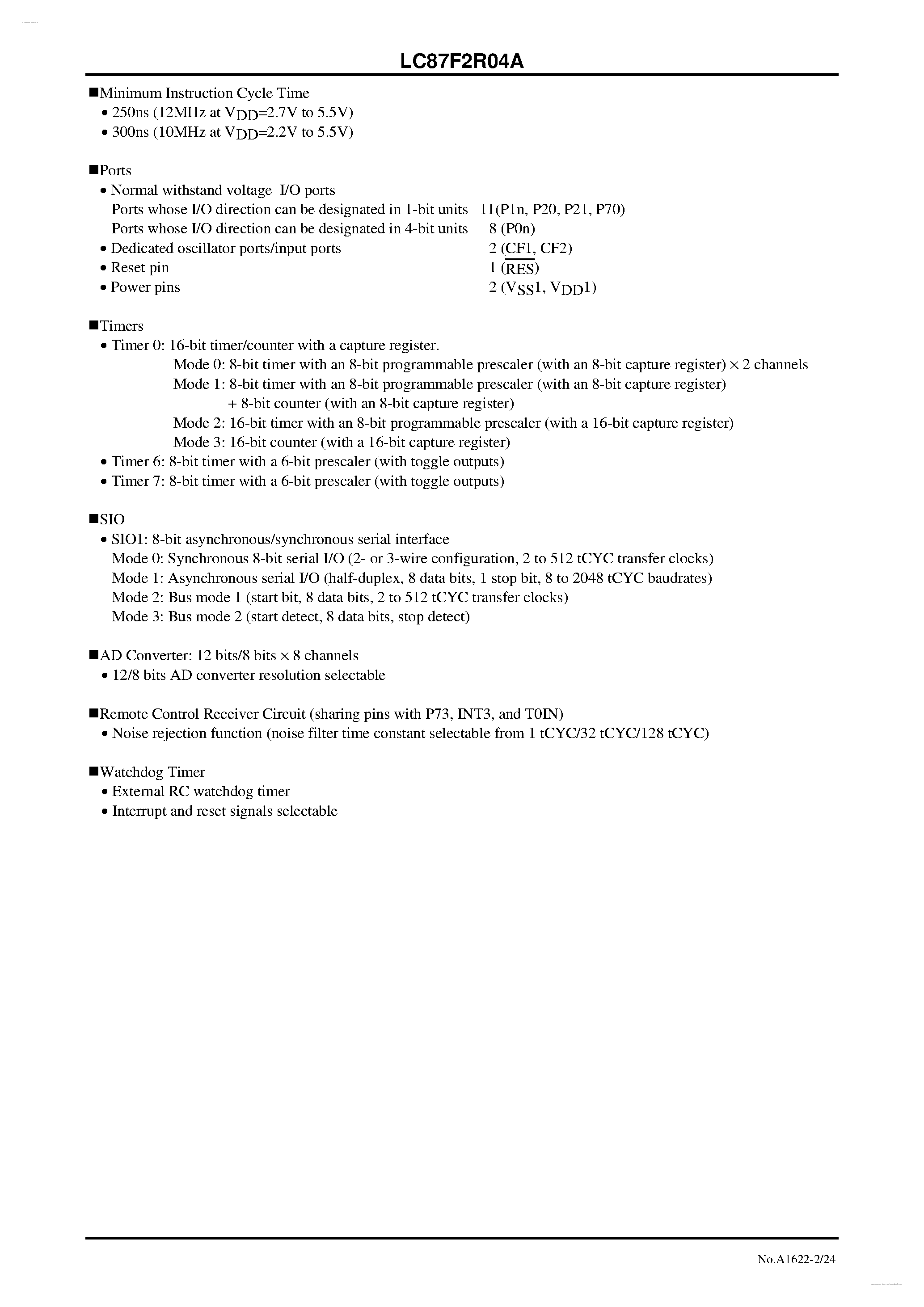 Datasheet LC87F2R04A - 8-bit 1-chip Microcontroller page 2