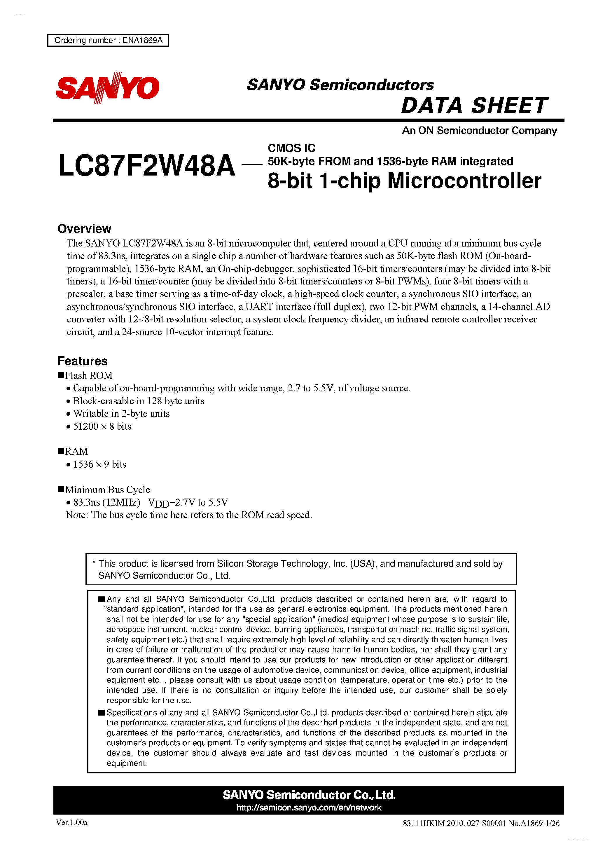 Datasheet LC87F2W48A - 8-bit 1-chip Microcontroller page 1