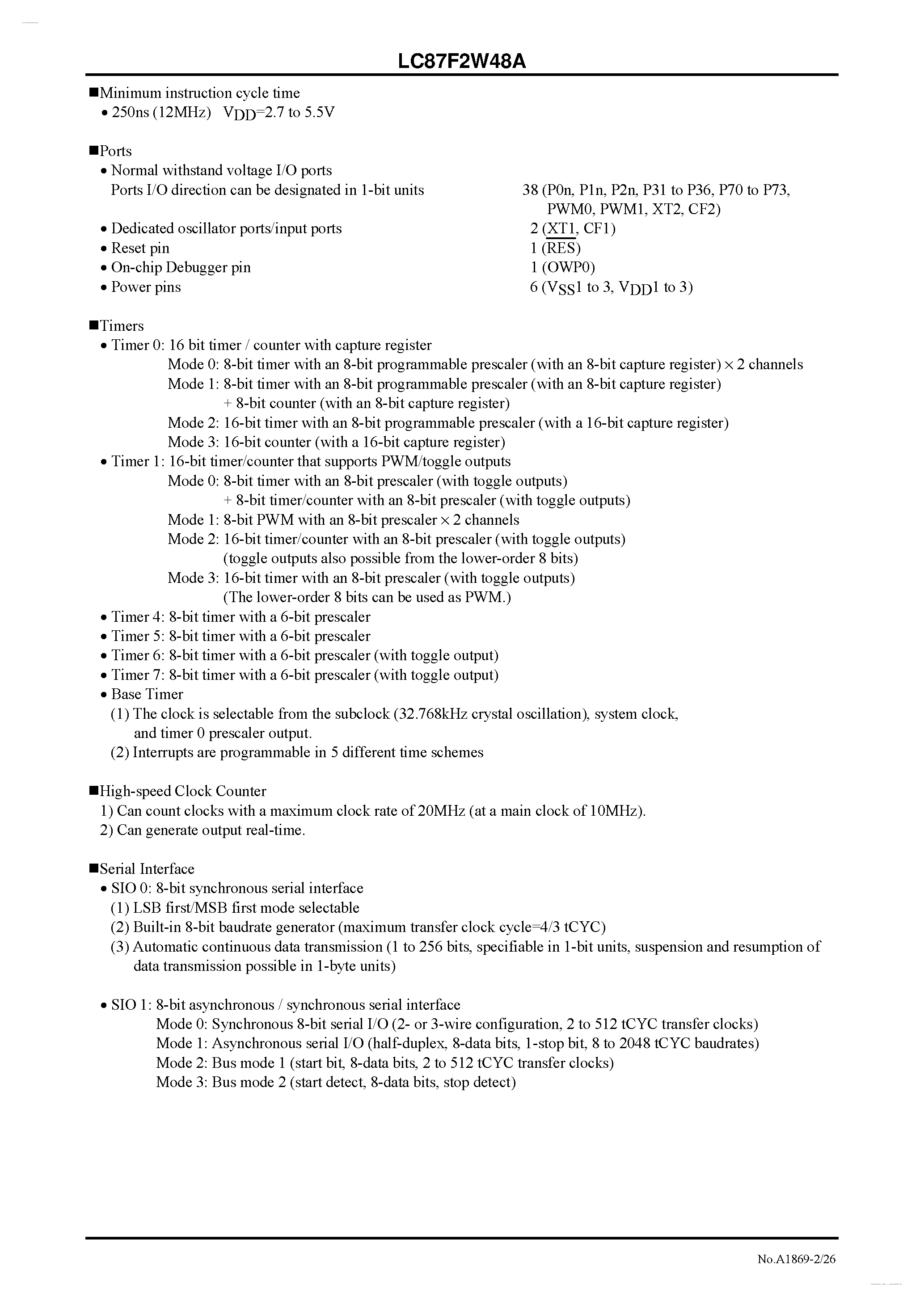 Datasheet LC87F2W48A - 8-bit 1-chip Microcontroller page 2