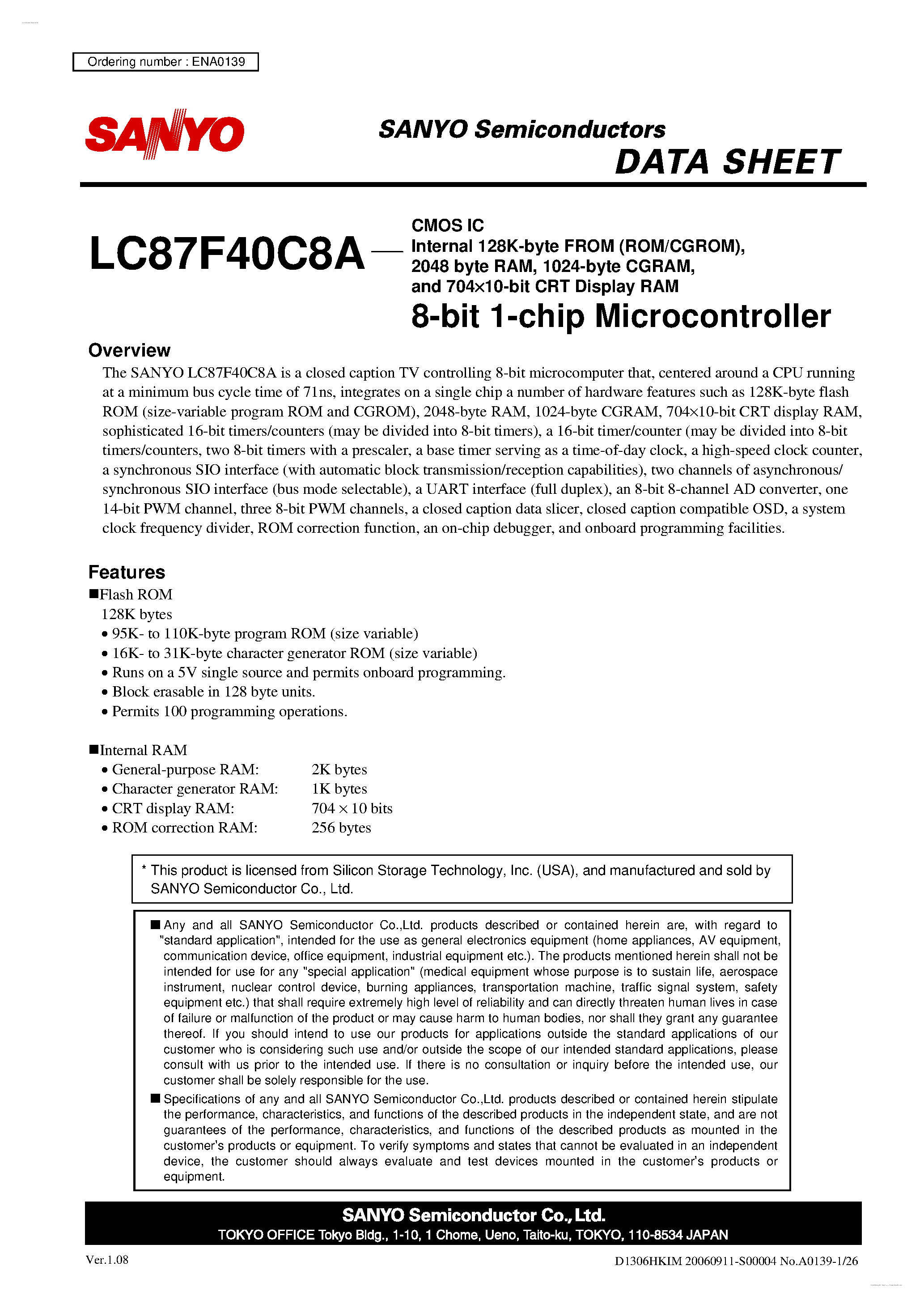 Datasheet LC87F40C8A - 8-bit 1-chip Microcontroller page 1