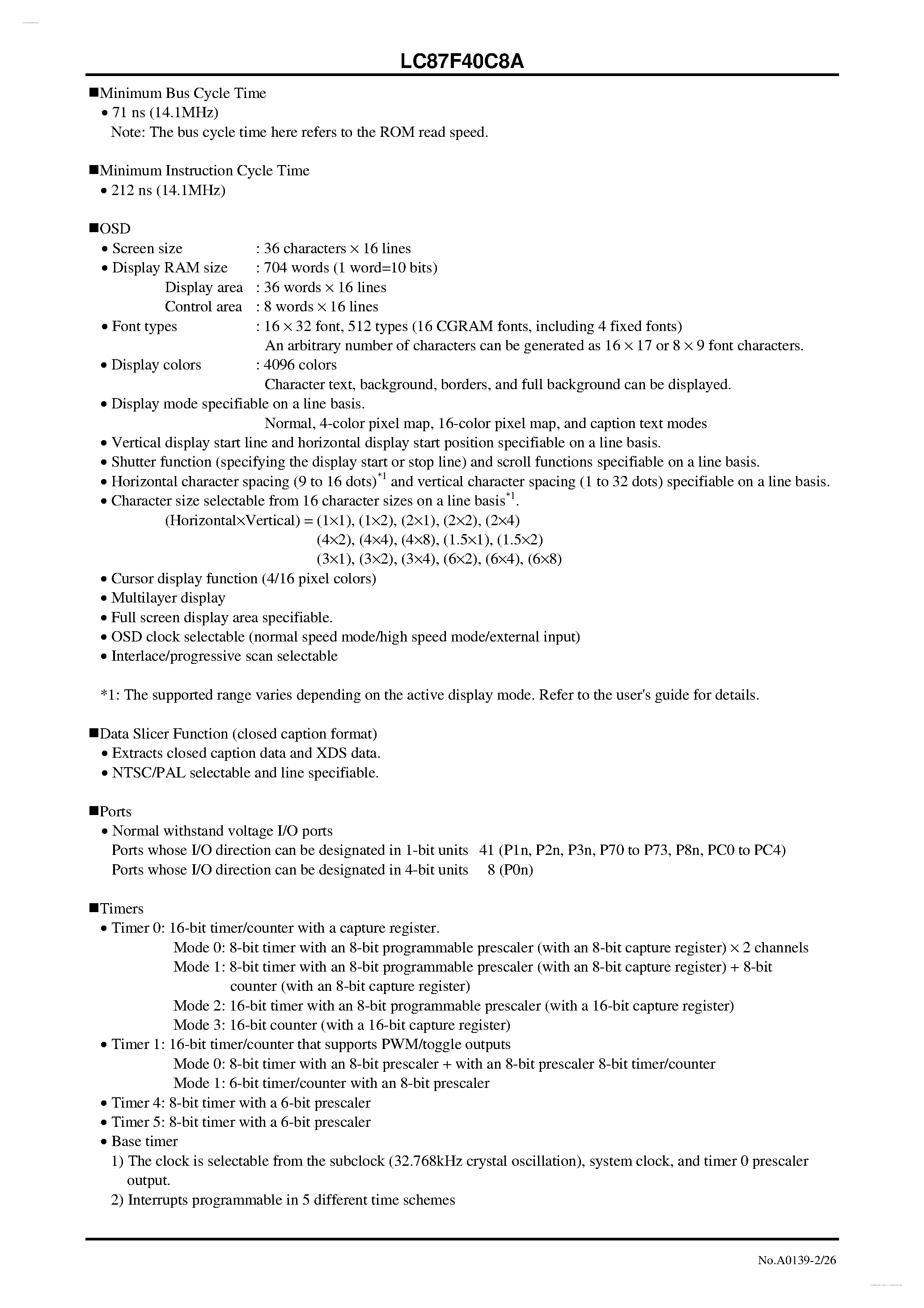 Datasheet LC87F40C8A - 8-bit 1-chip Microcontroller page 2