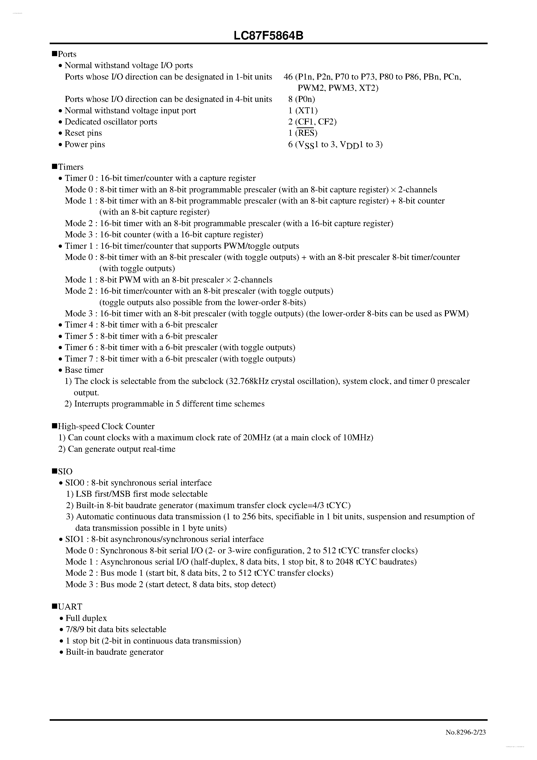 Datasheet LC87F5864B - 8-bit 1-chip Microcontroller page 2