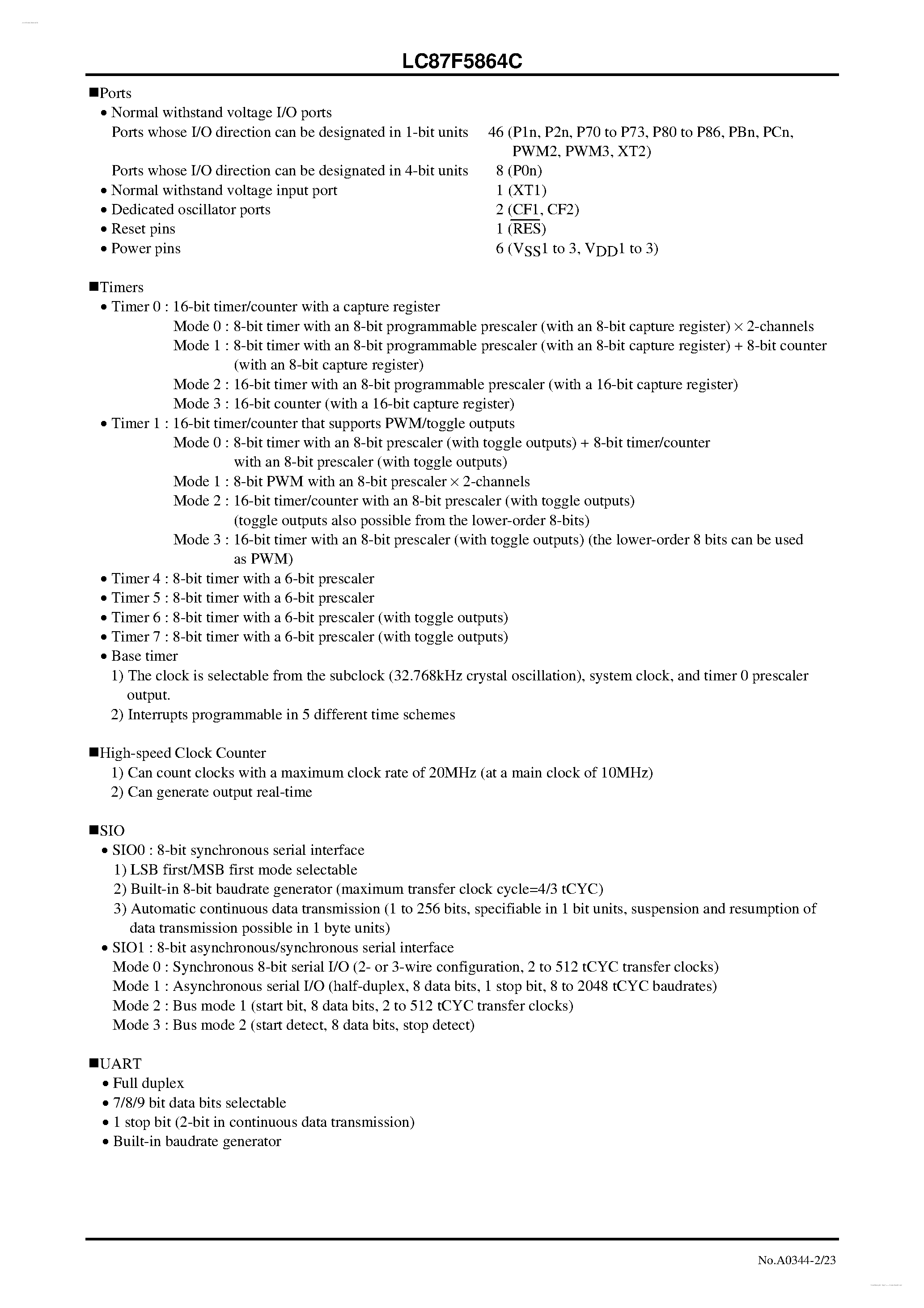 Datasheet LC87F5864C - 8-bit 1-chip Microcontroller page 2