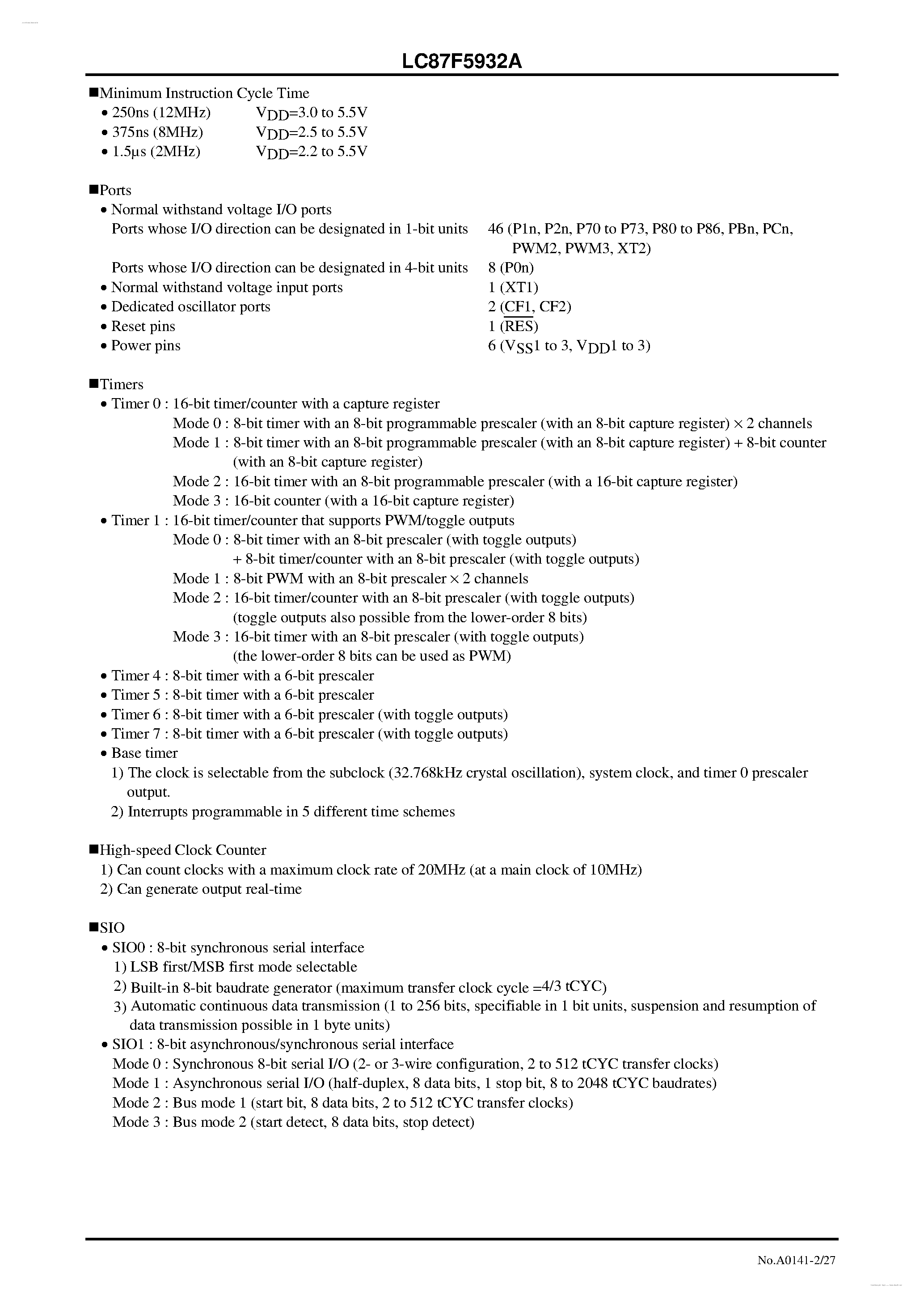 Datasheet LC87F5932A - 8-bit 1-chip Microcontroller page 2