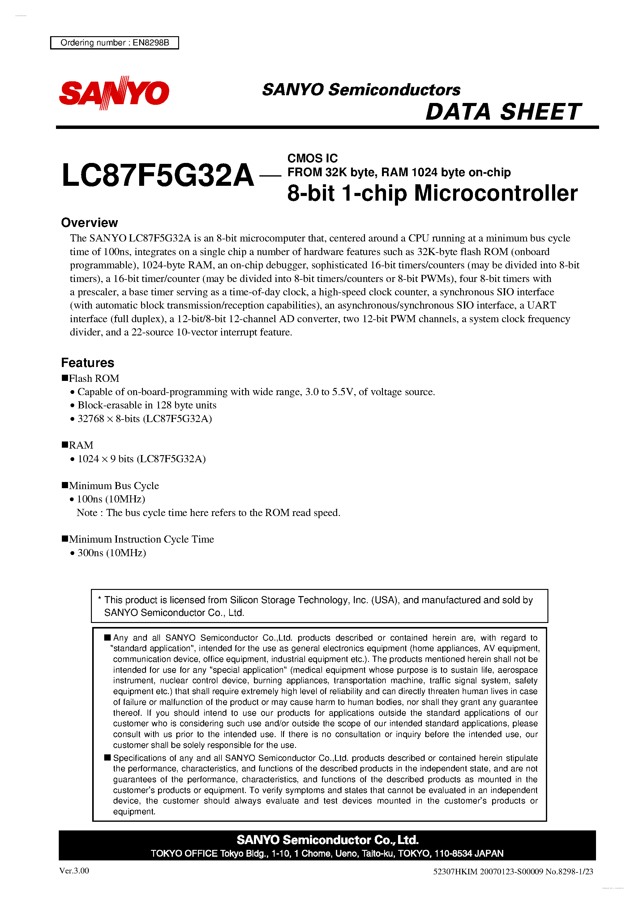 Datasheet LC87F5G32A - 8-bit 1-chip Microcontroller page 1