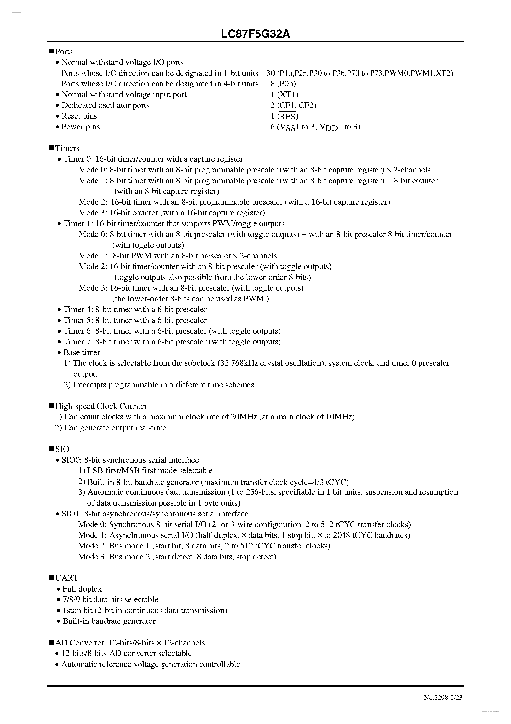 Datasheet LC87F5G32A - 8-bit 1-chip Microcontroller page 2