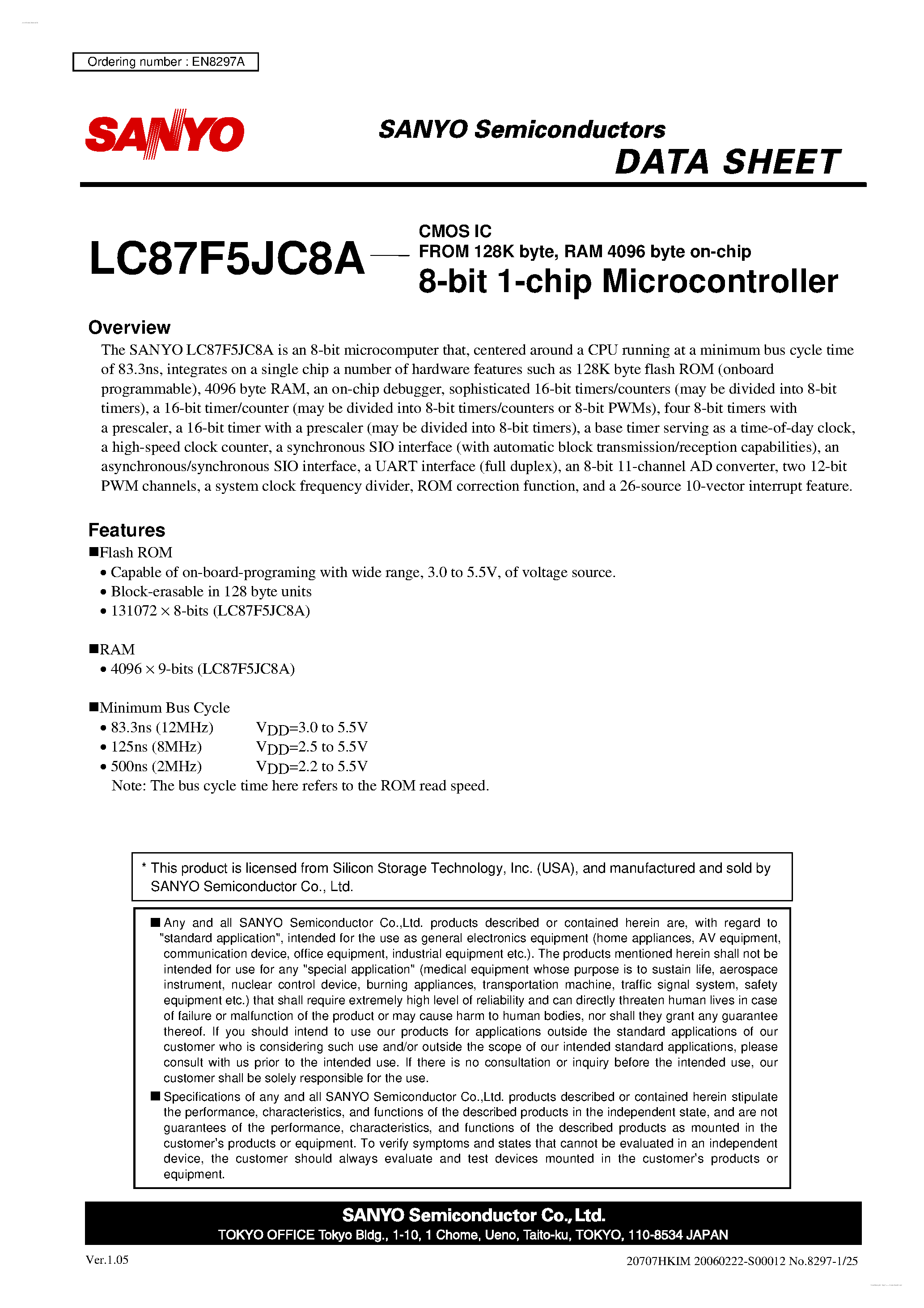Datasheet LC87F5JC8A - 8-bit 1-chip Microcontroller page 1