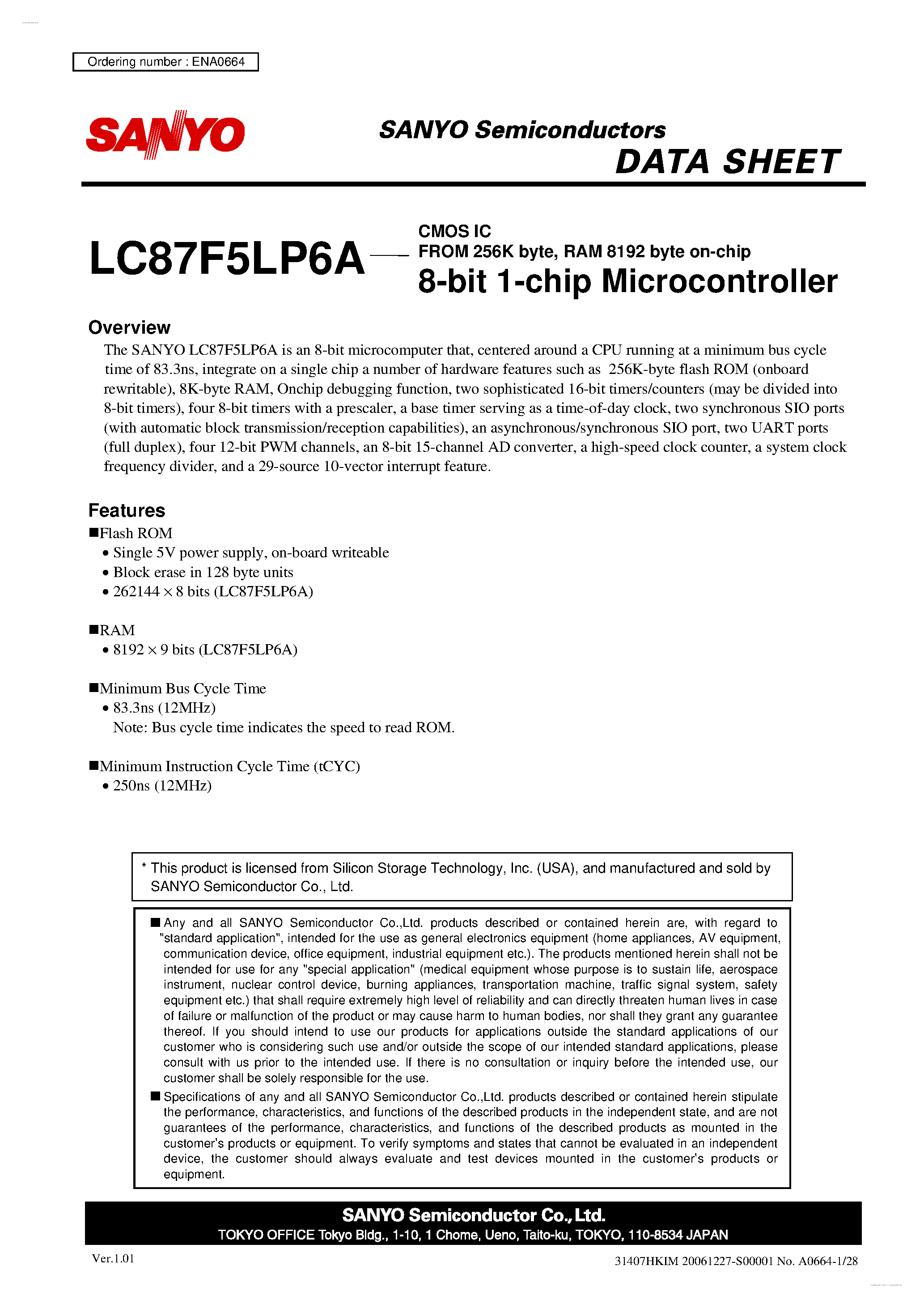 Datasheet LC87F5LP6A - 8-bit 1-chip Microcontroller page 1