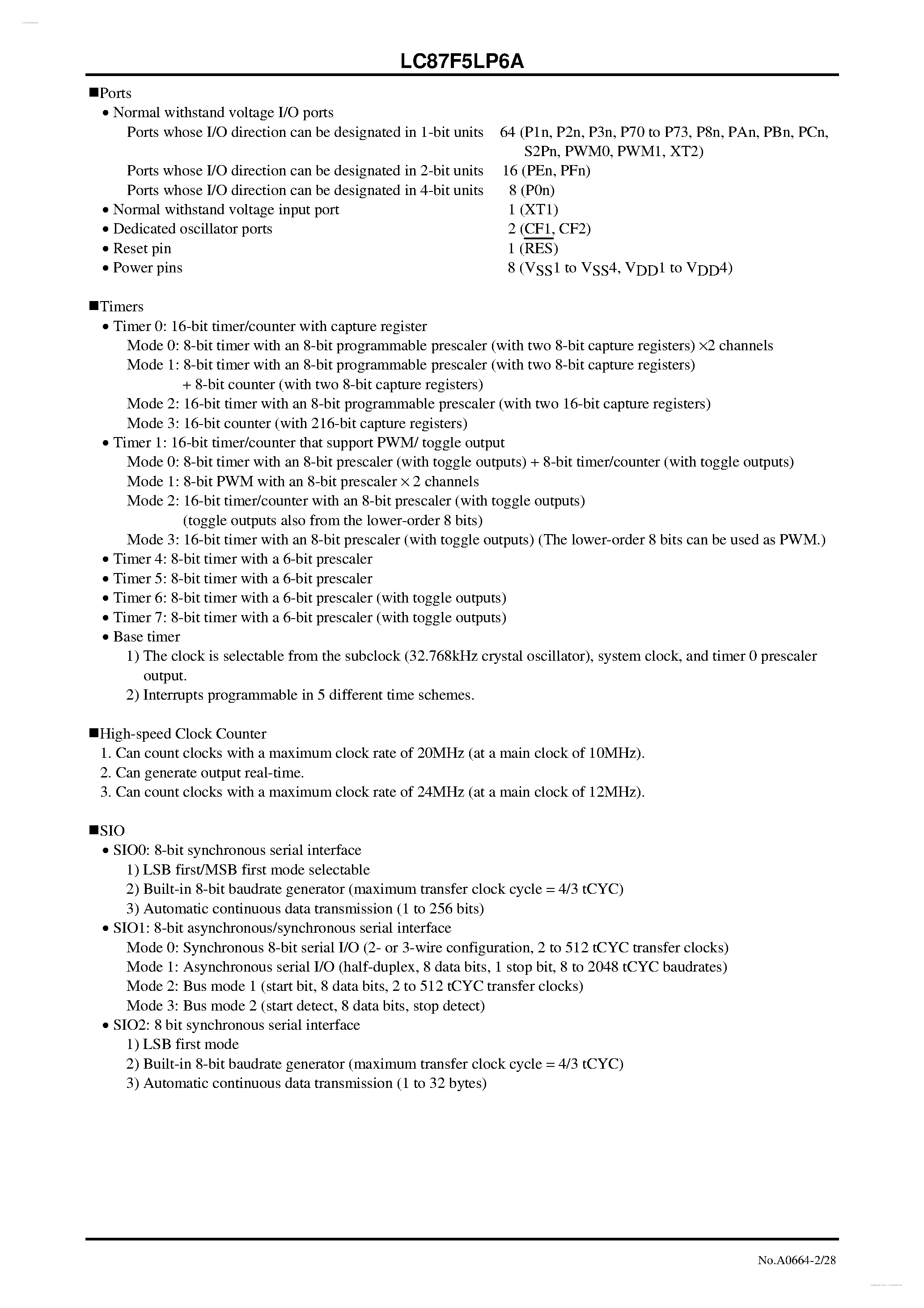 Datasheet LC87F5LP6A - 8-bit 1-chip Microcontroller page 2