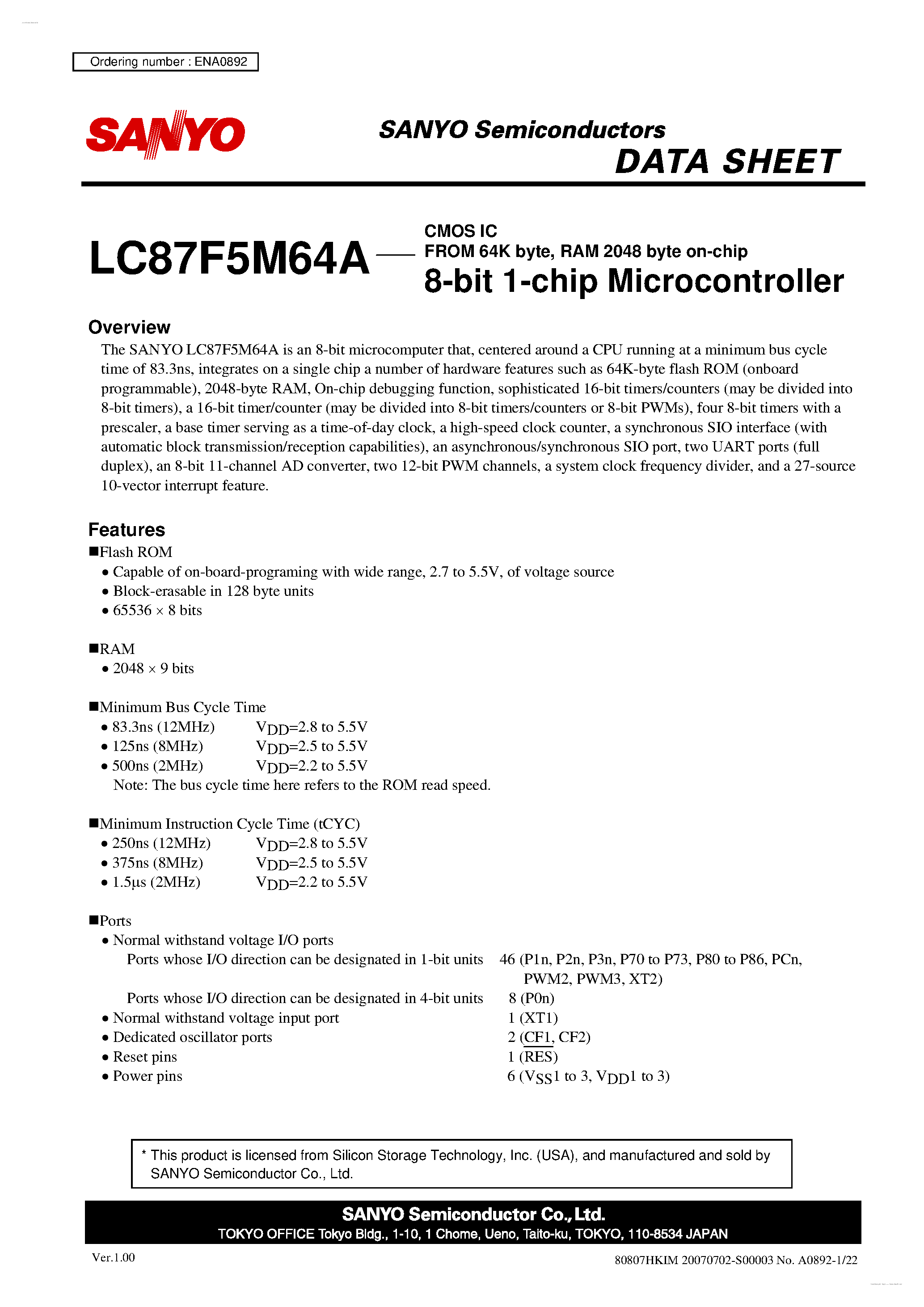 Datasheet LC87F5M64A - 8-bit 1-chip Microcontroller page 1