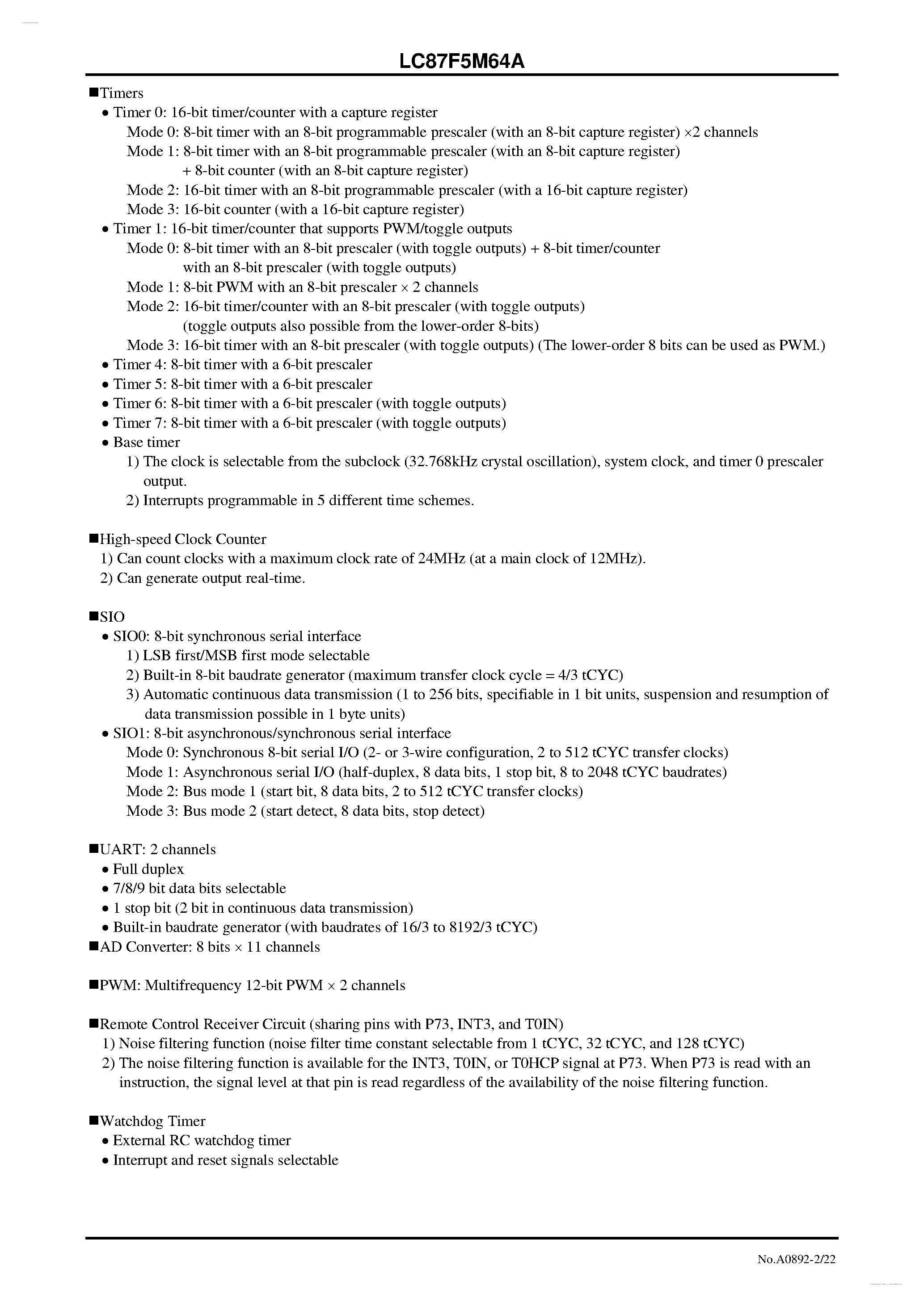 Datasheet LC87F5M64A - 8-bit 1-chip Microcontroller page 2