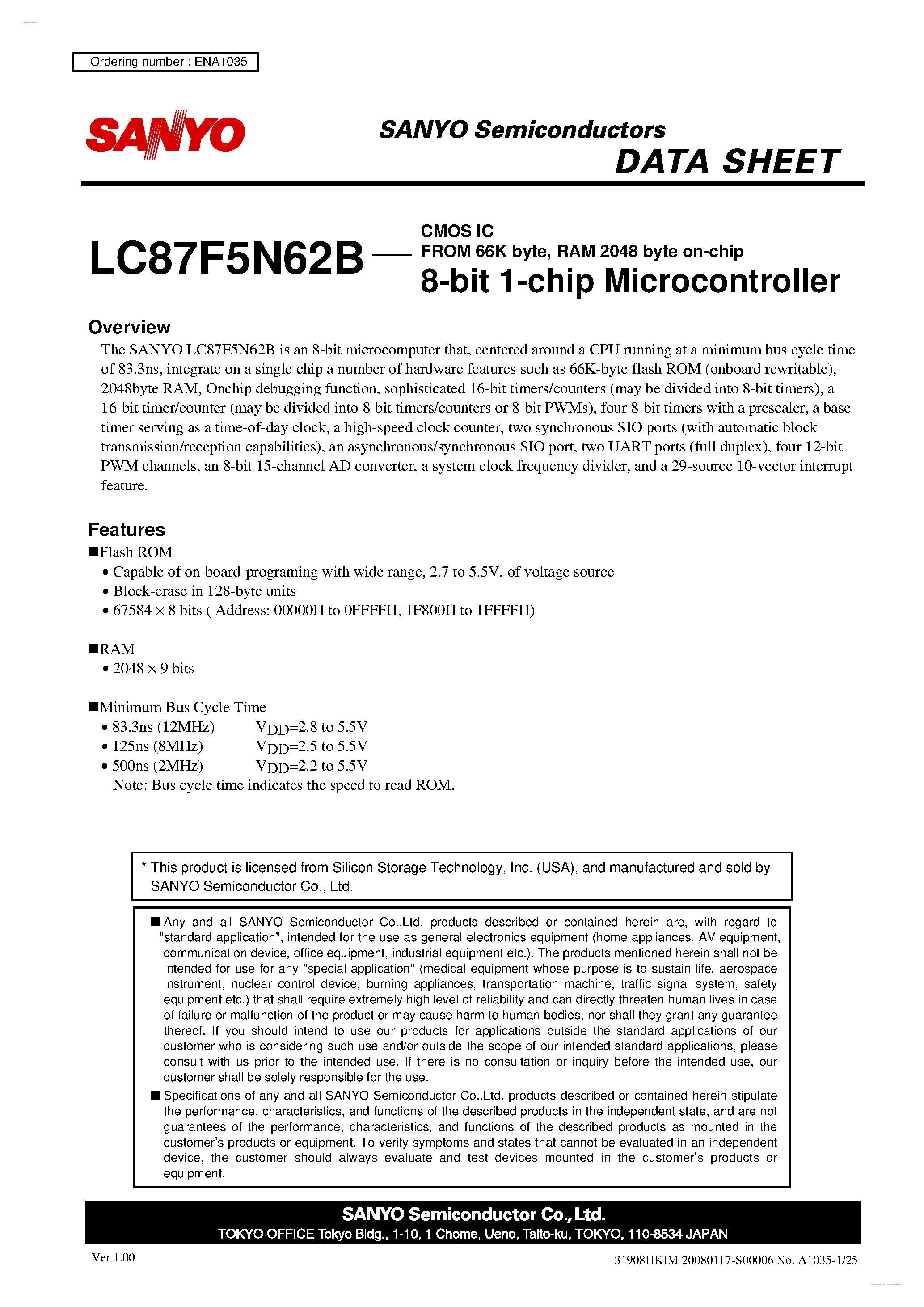 Datasheet LC87F5N62B - 8-bit 1-chip Microcontroller page 1