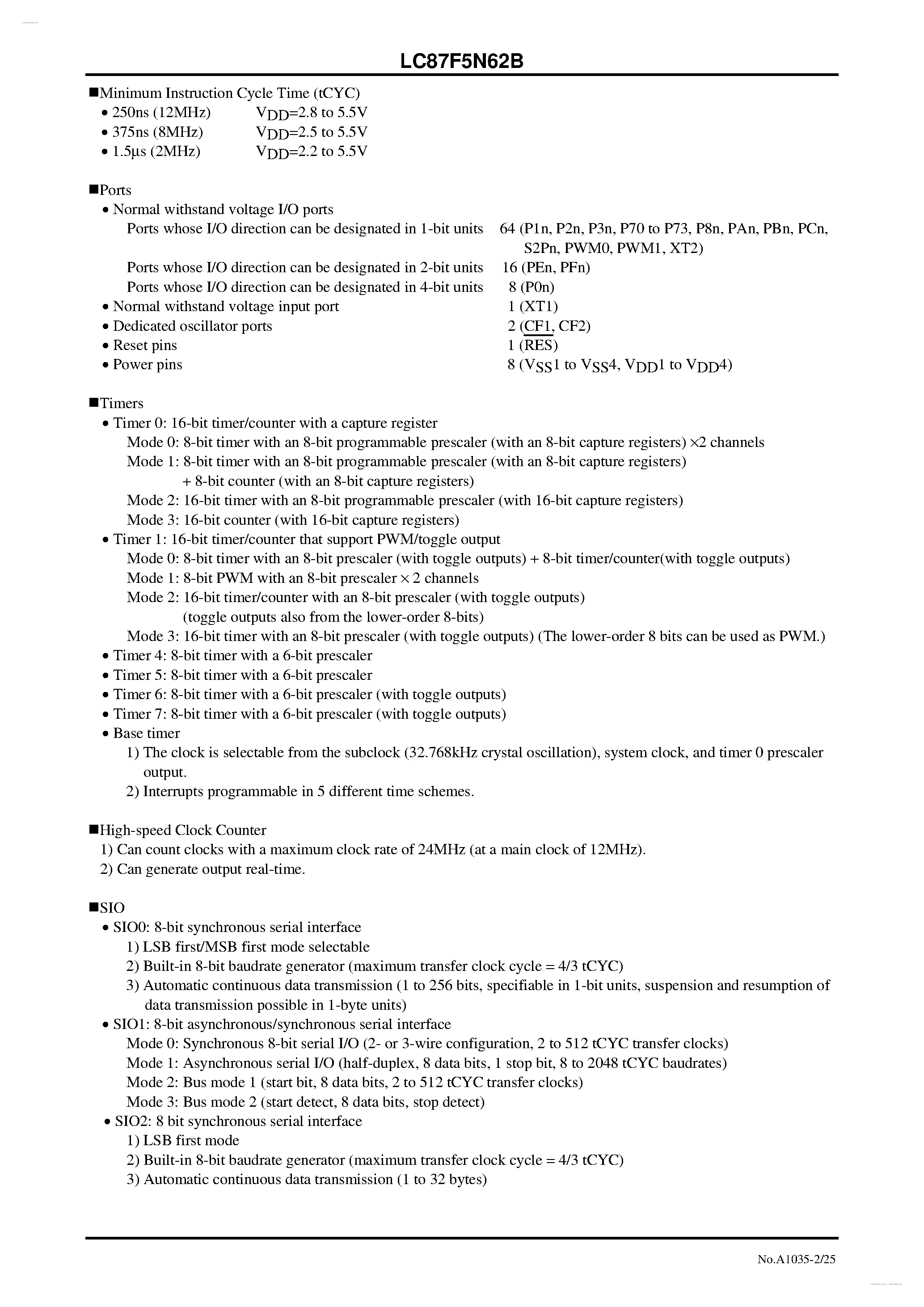 Datasheet LC87F5N62B - 8-bit 1-chip Microcontroller page 2