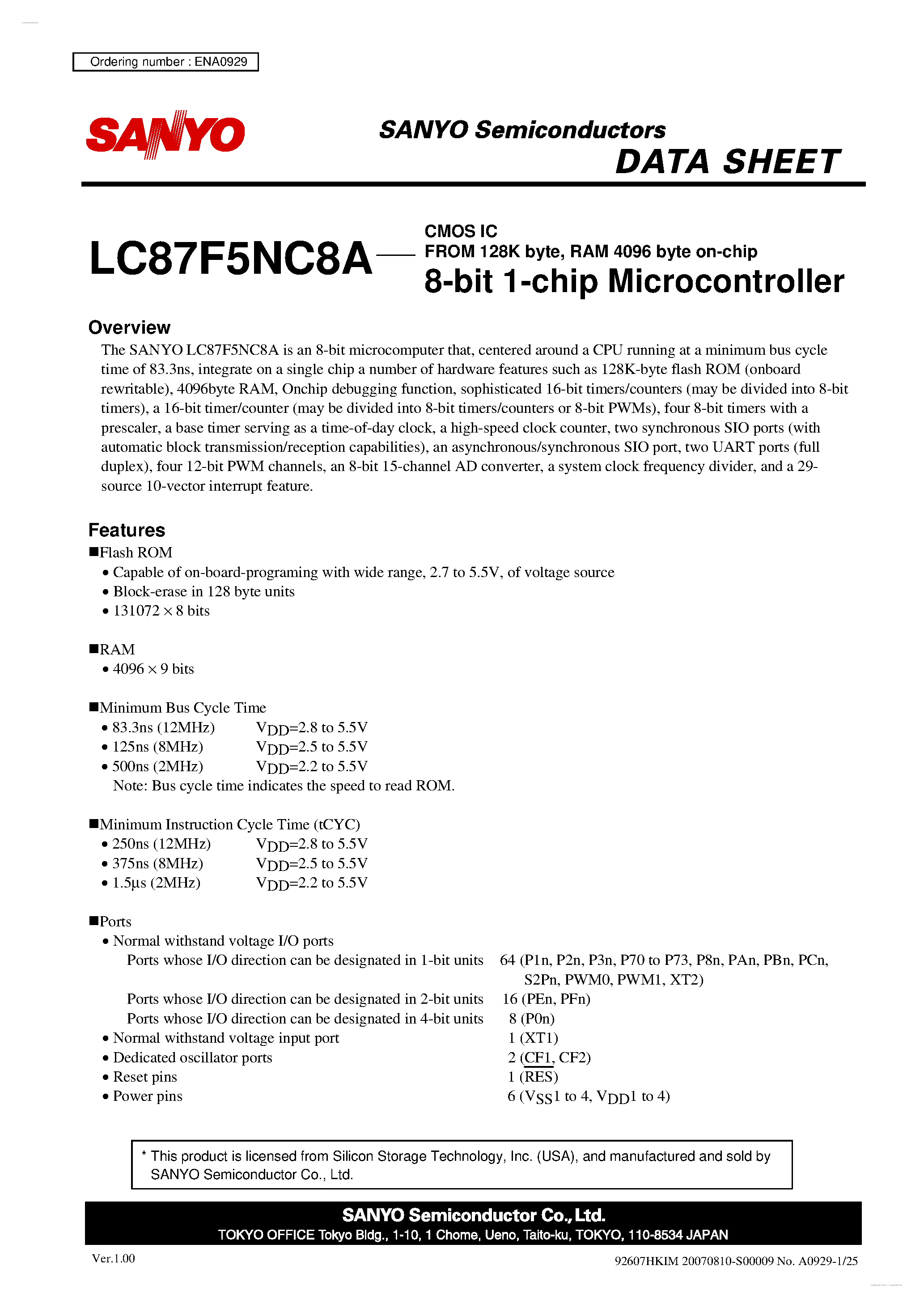 Datasheet LC87F5NC8A - 8-bit 1-chip Microcontroller page 1