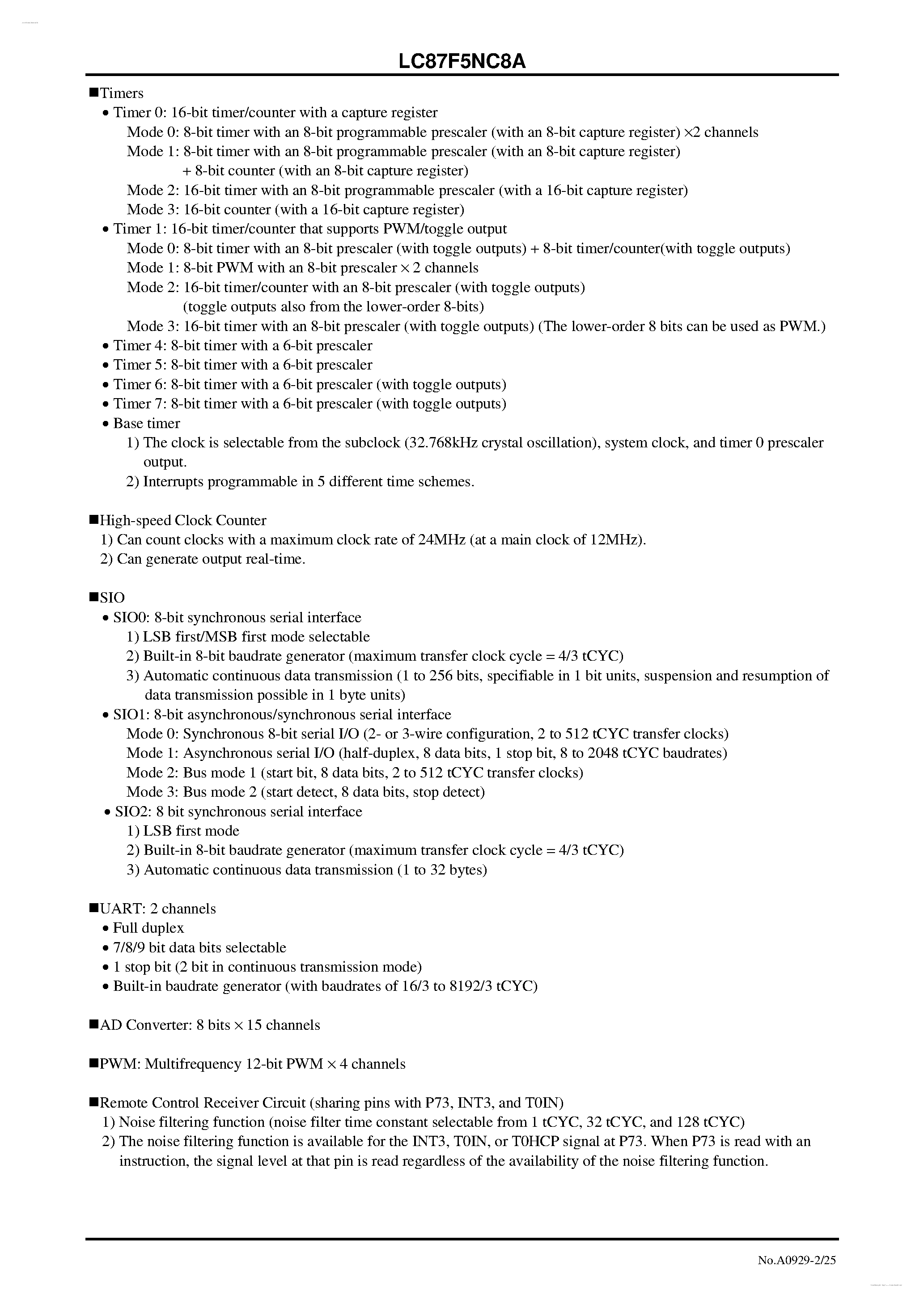 Datasheet LC87F5NC8A - 8-bit 1-chip Microcontroller page 2