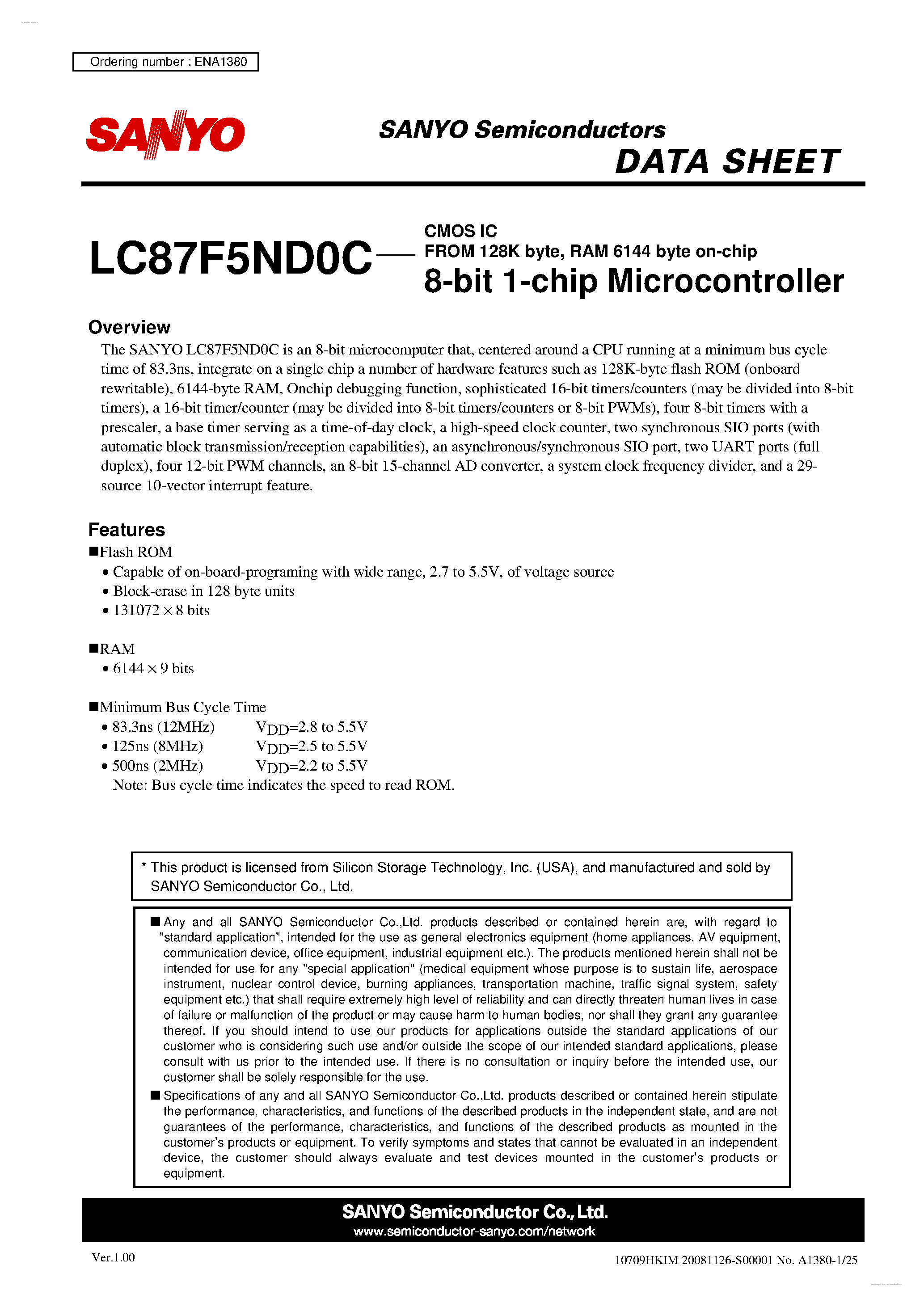 Datasheet LC87F5ND0C - 8-bit 1-chip Microcontroller page 1