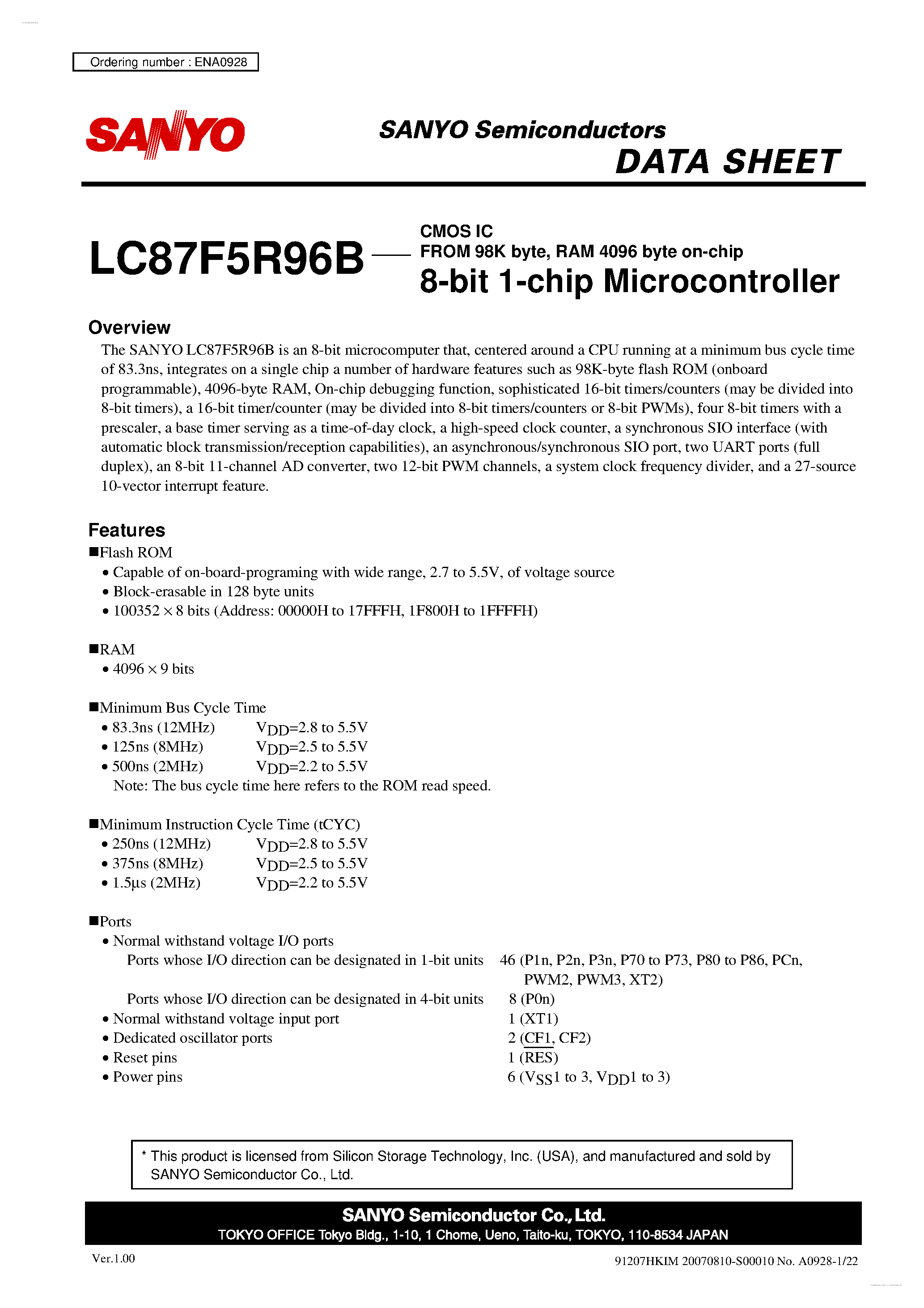Datasheet LC87F5R96B - 8-bit 1-chip Microcontroller page 1