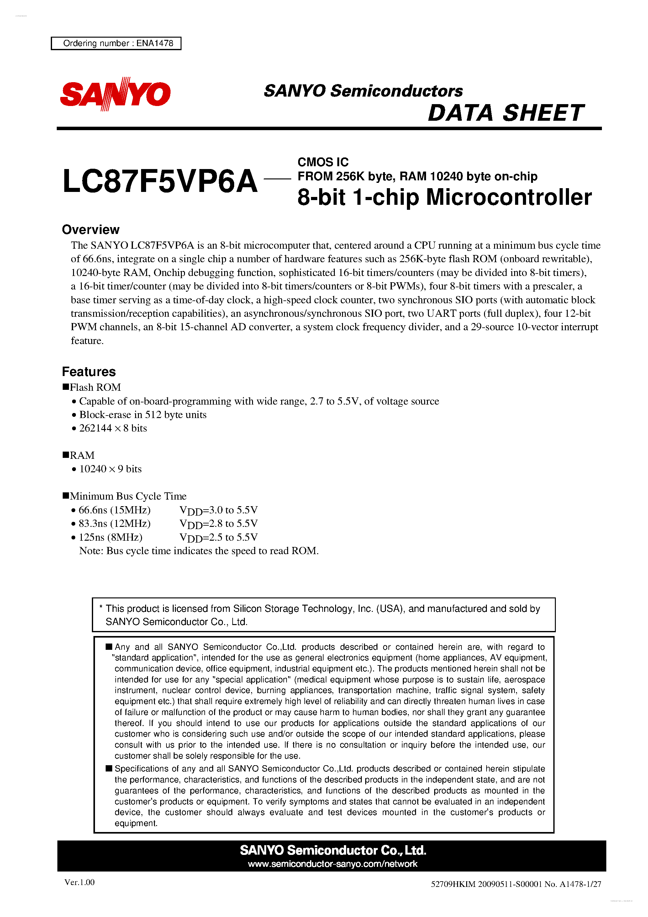 Datasheet LC87F5VP6A - 8-bit 1-chip Microcontroller page 1