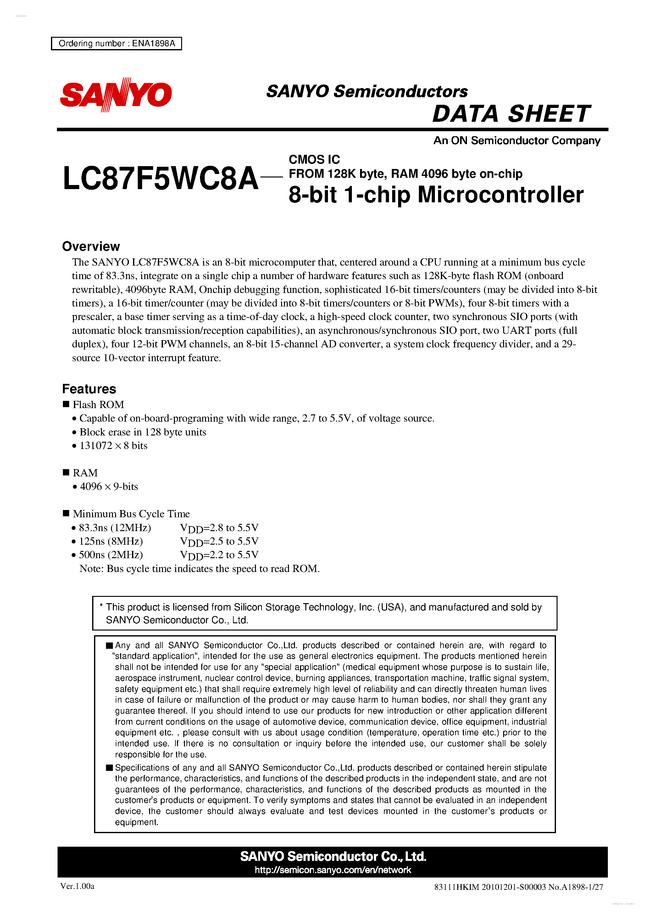 Datasheet LC87F5WC8A - 8-bit 1-chip Microcontroller page 1