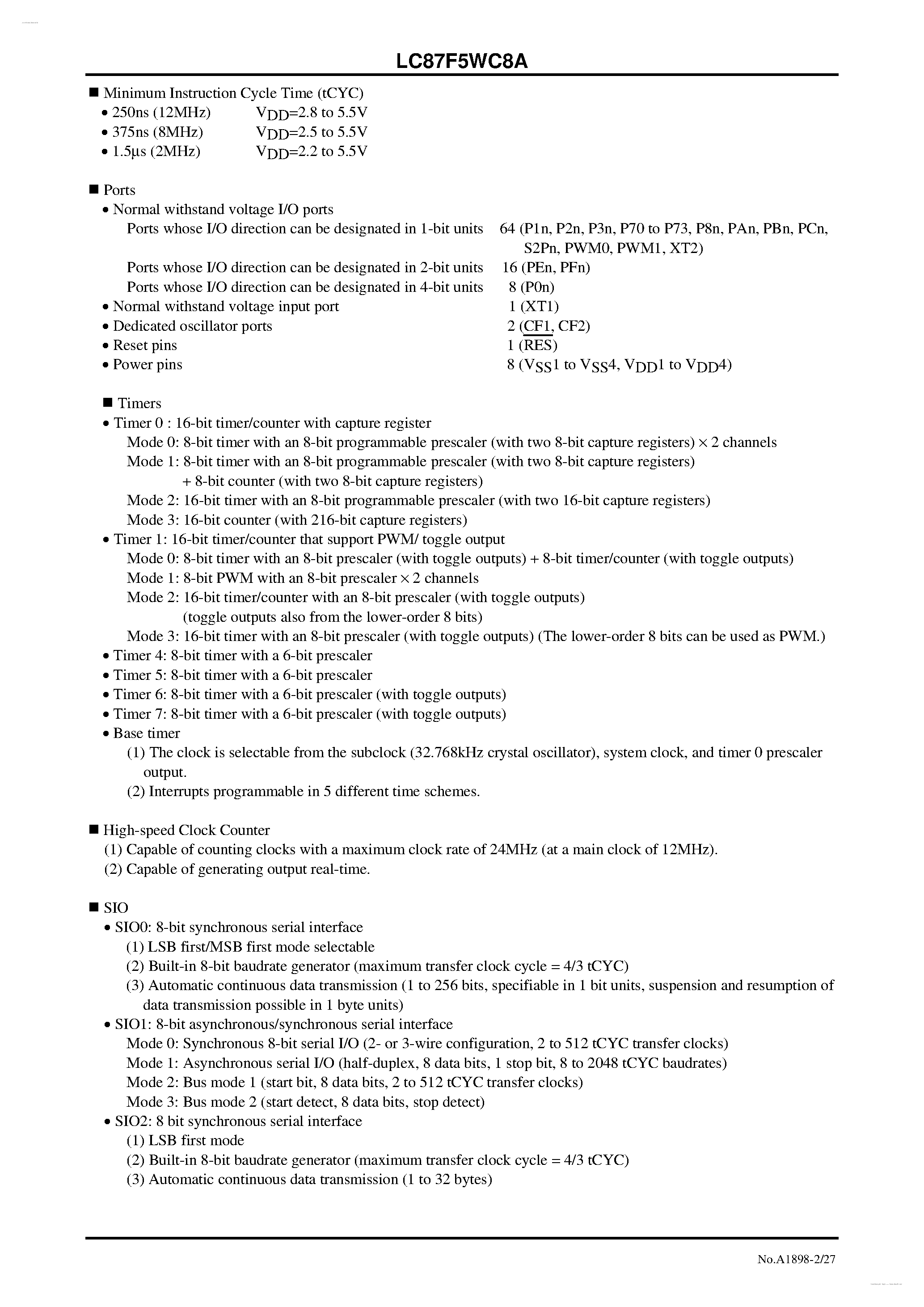 Datasheet LC87F5WC8A - 8-bit 1-chip Microcontroller page 2