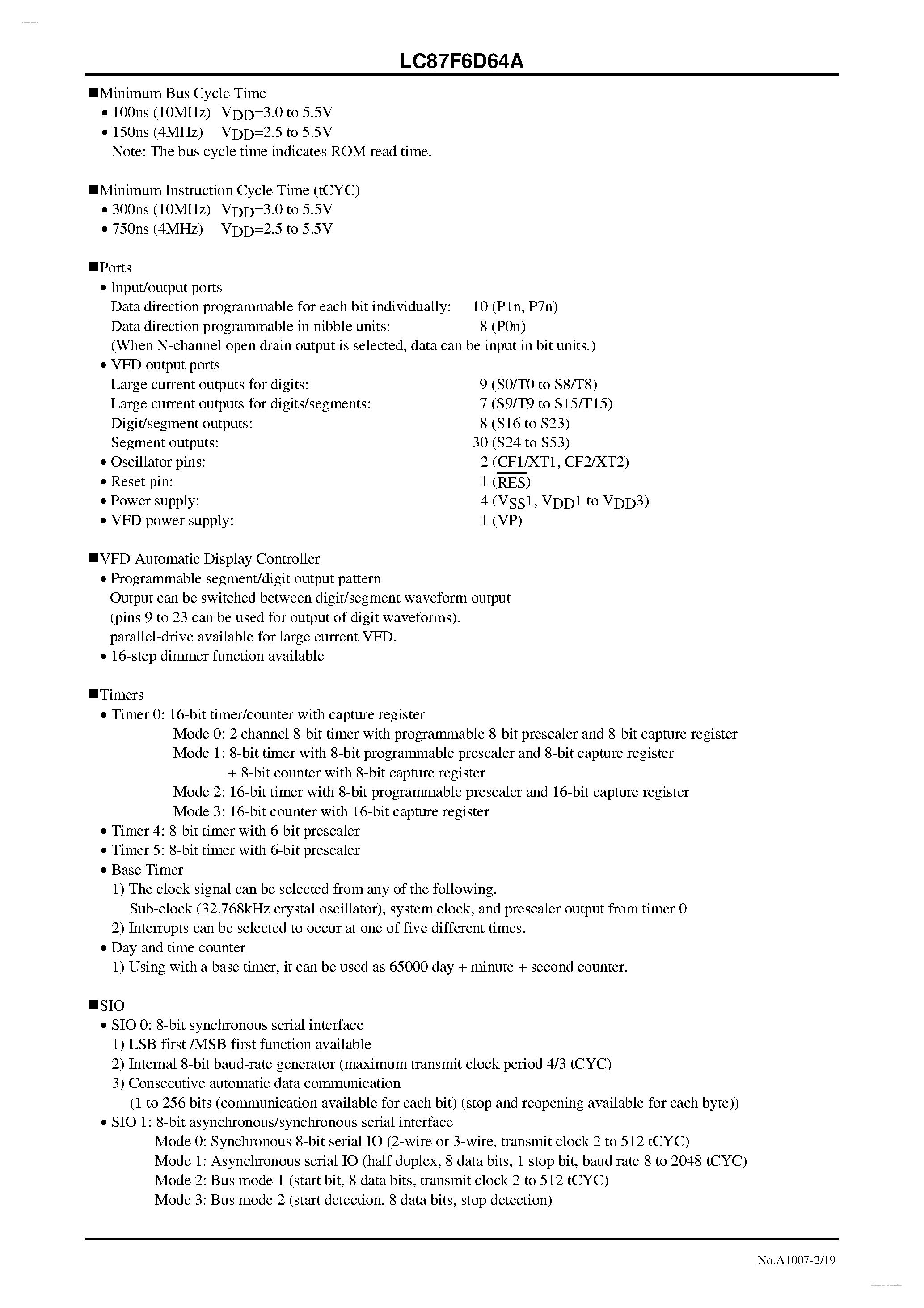 Datasheet LC87F6D64A - 8-bit 1-chip Microcontroller page 2