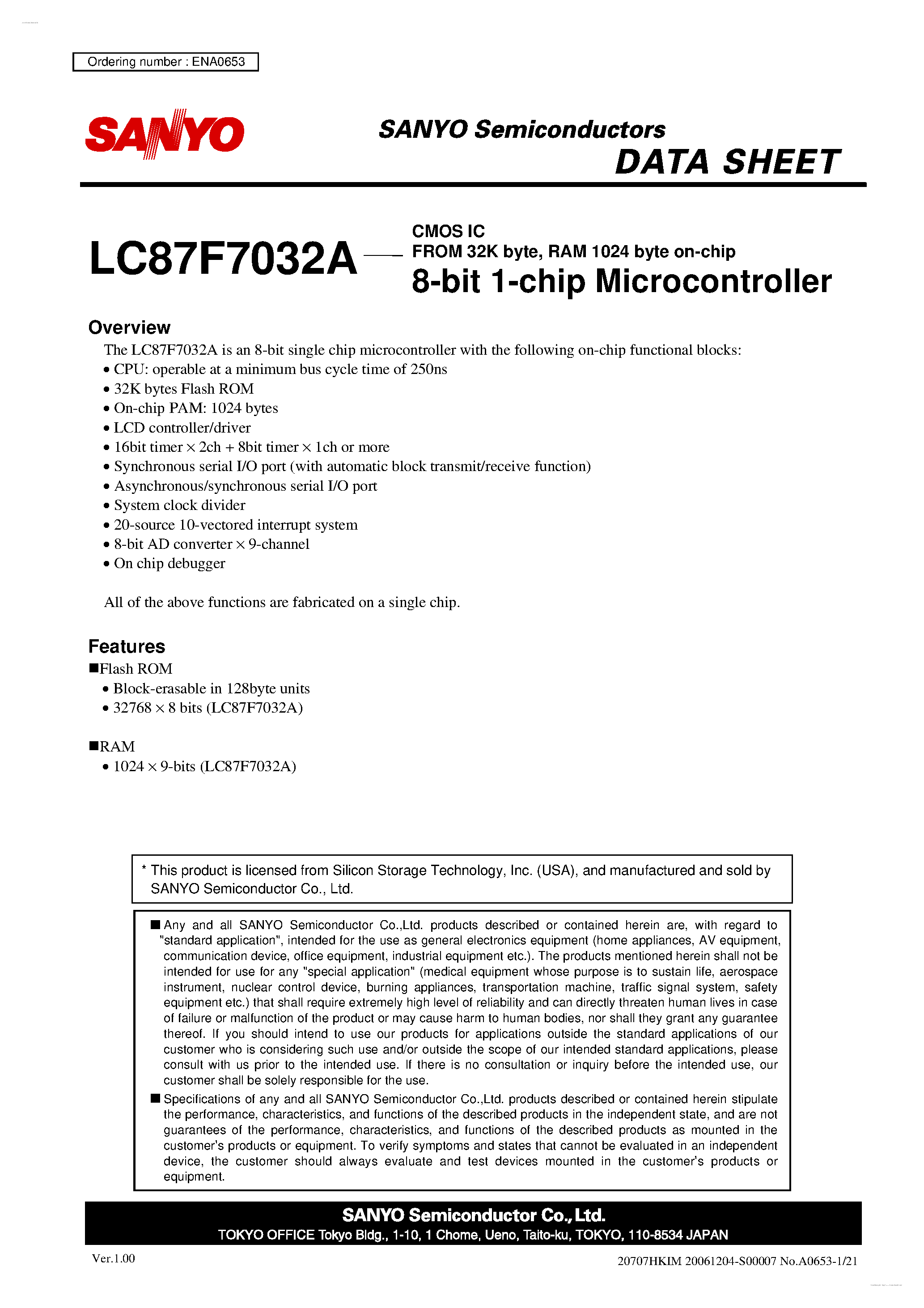 Datasheet LC87F7032A - 8-bit 1-chip Microcontroller page 1