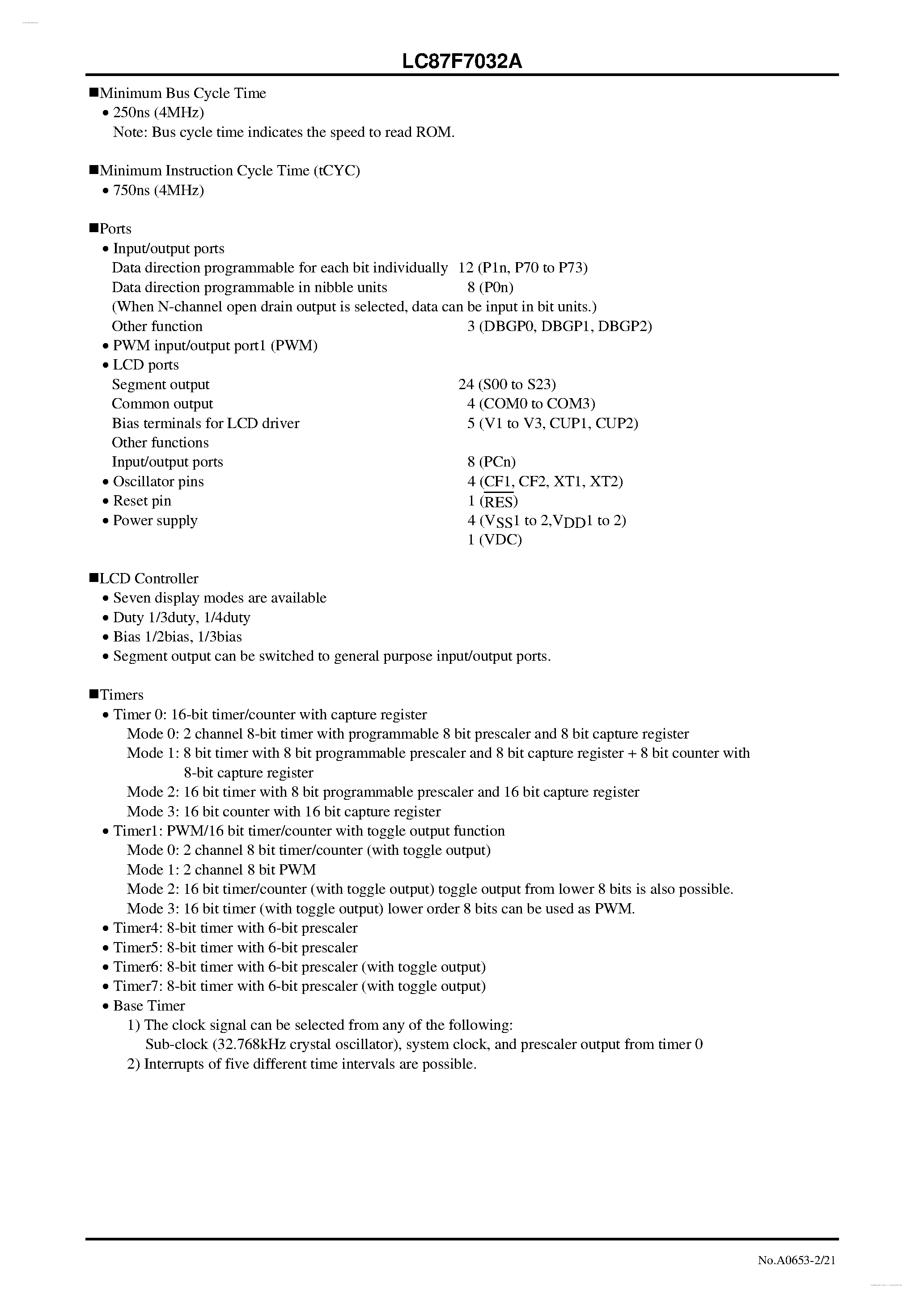 Datasheet LC87F7032A - 8-bit 1-chip Microcontroller page 2