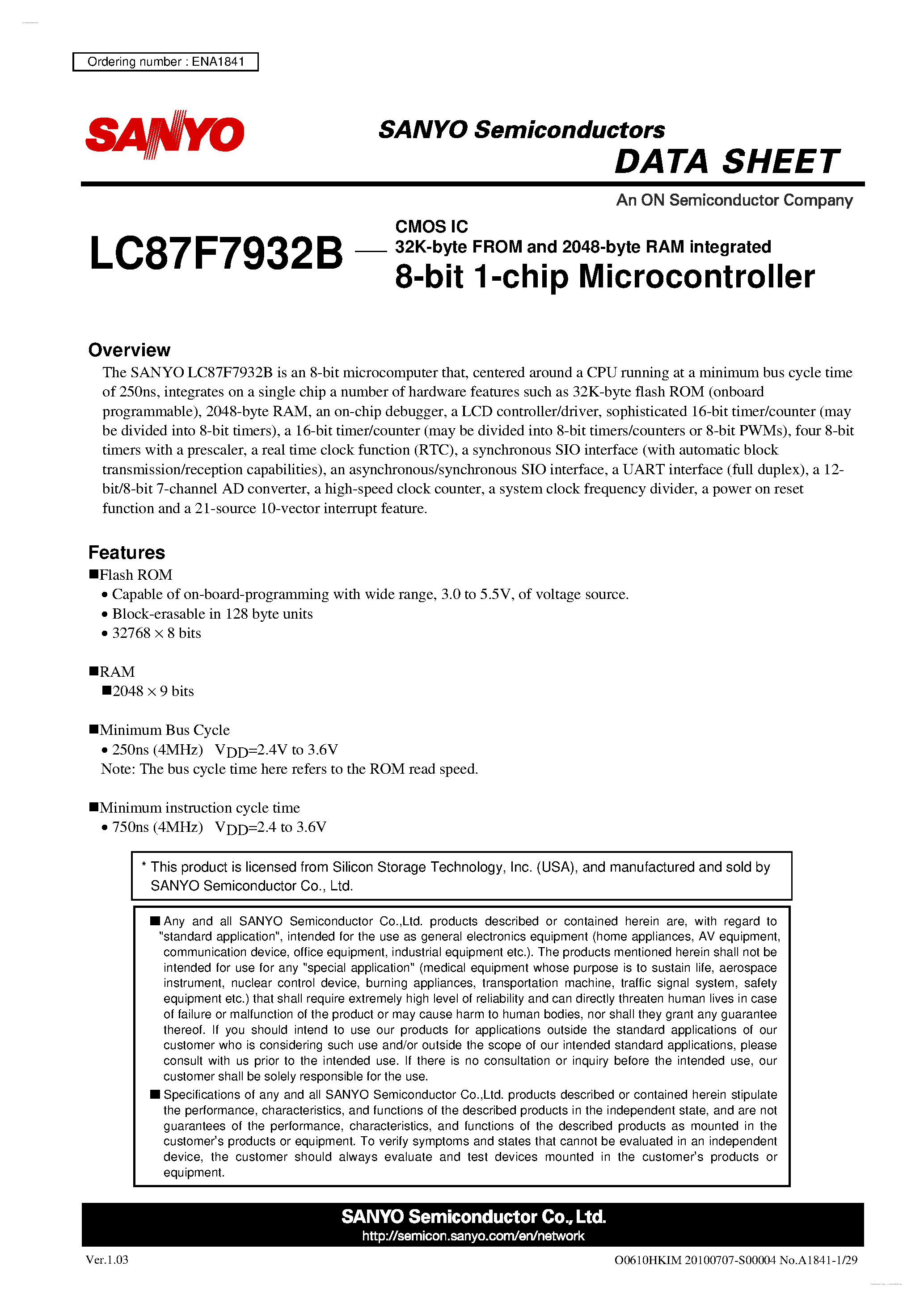 Datasheet LC87F7932B - 8-bit 1-chip Microcontroller page 1