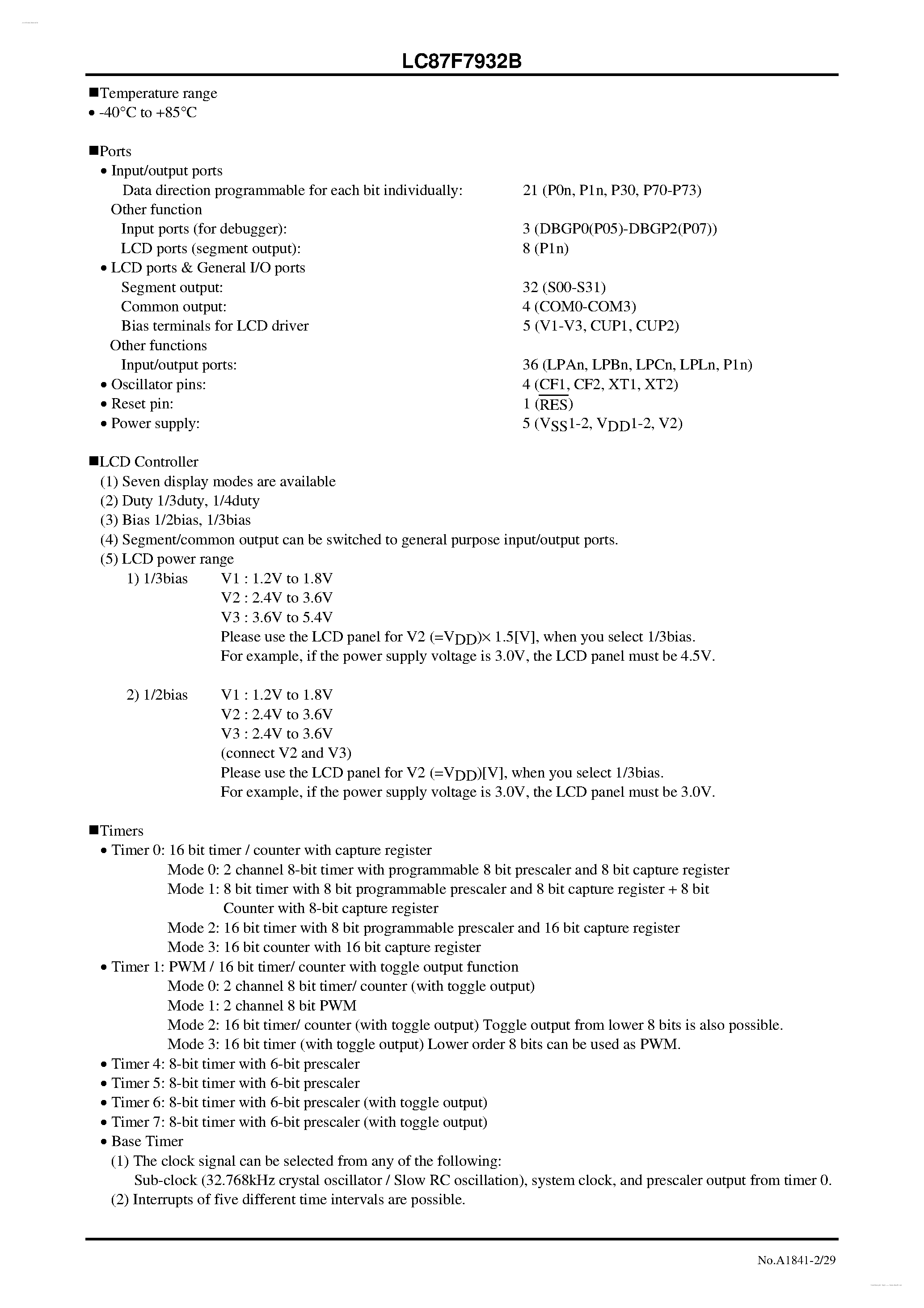 Datasheet LC87F7932B - 8-bit 1-chip Microcontroller page 2