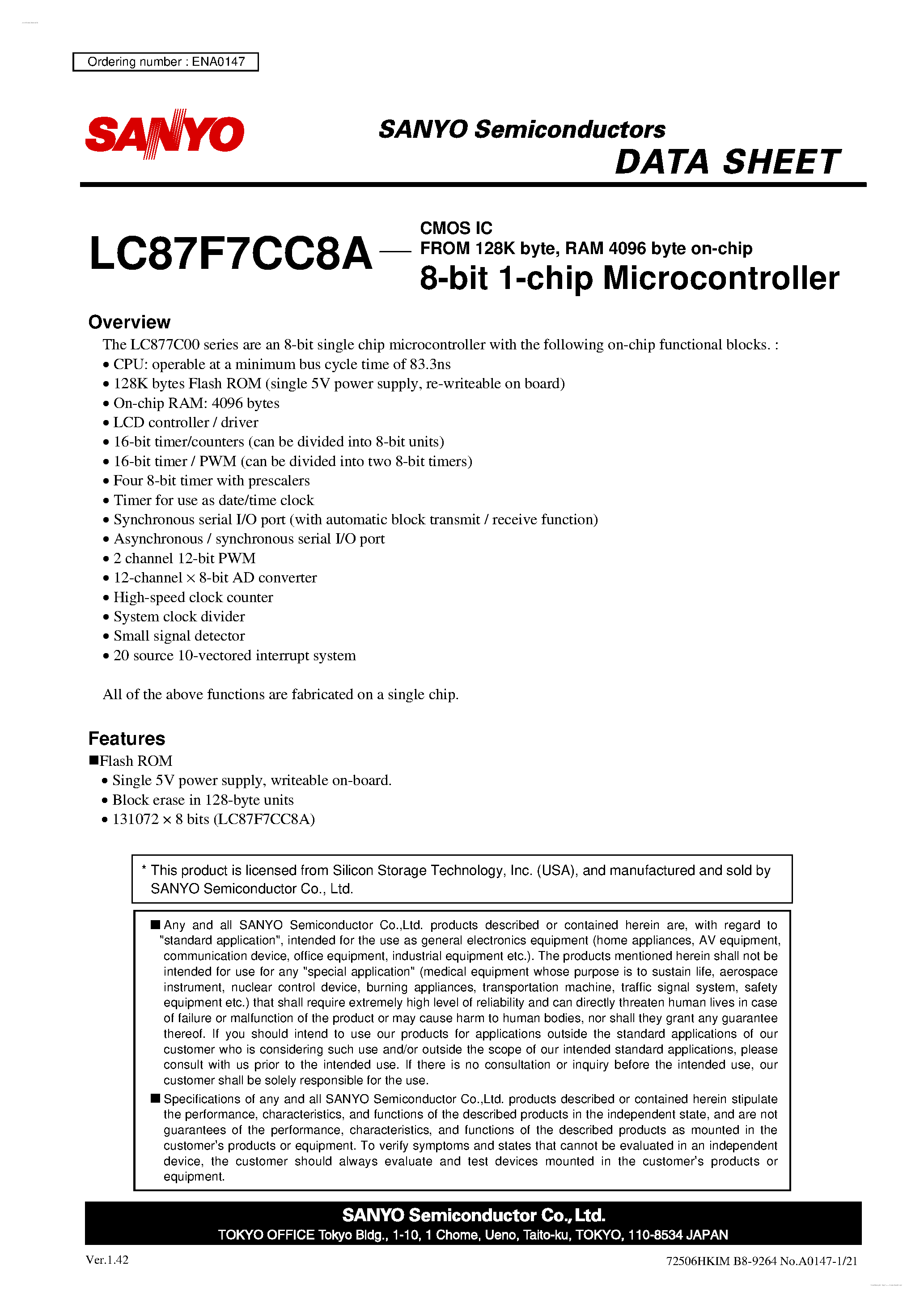 Datasheet LC87F7CC8A - 8-bit 1-chip Microcontroller page 1
