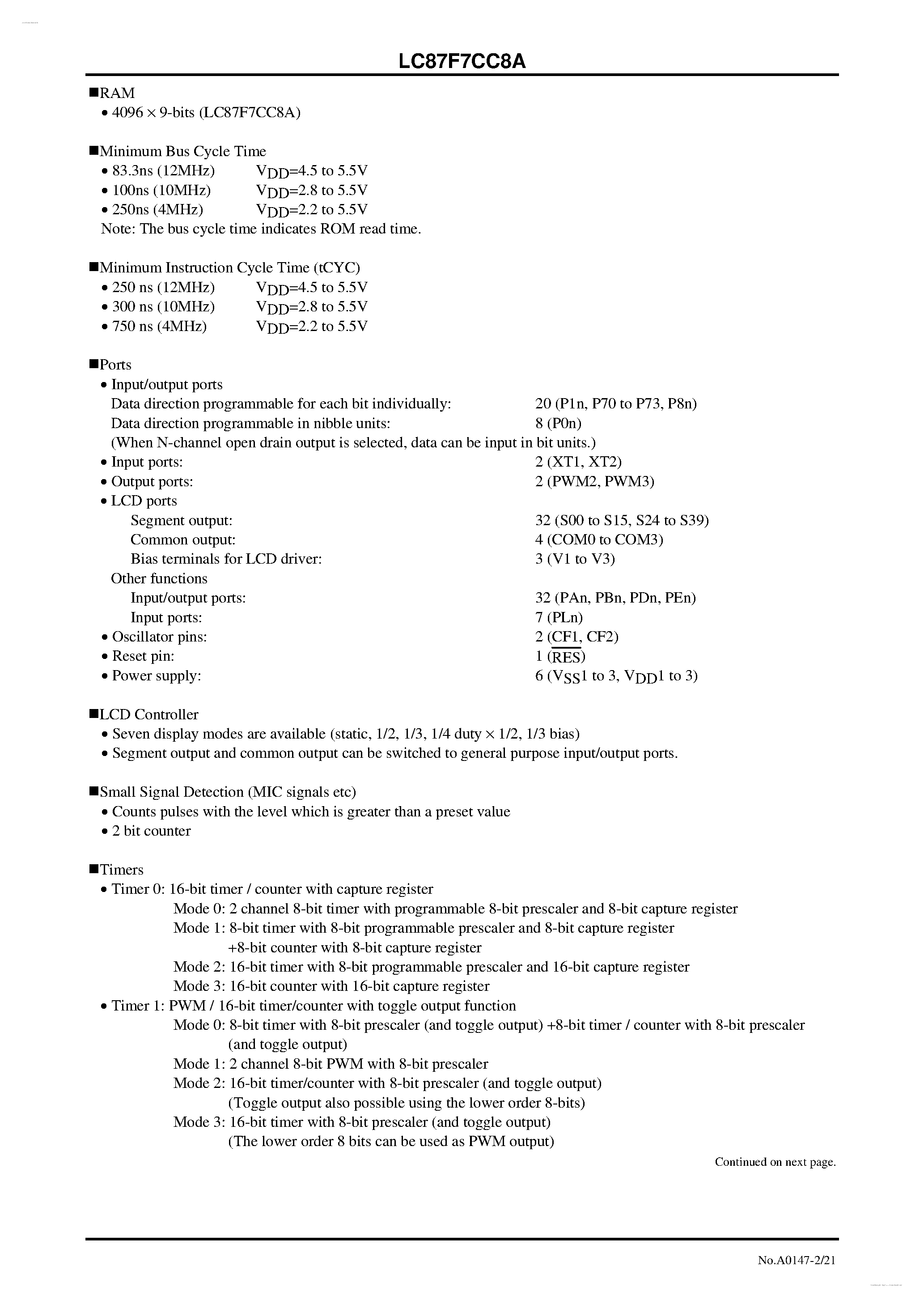 Datasheet LC87F7CC8A - 8-bit 1-chip Microcontroller page 2