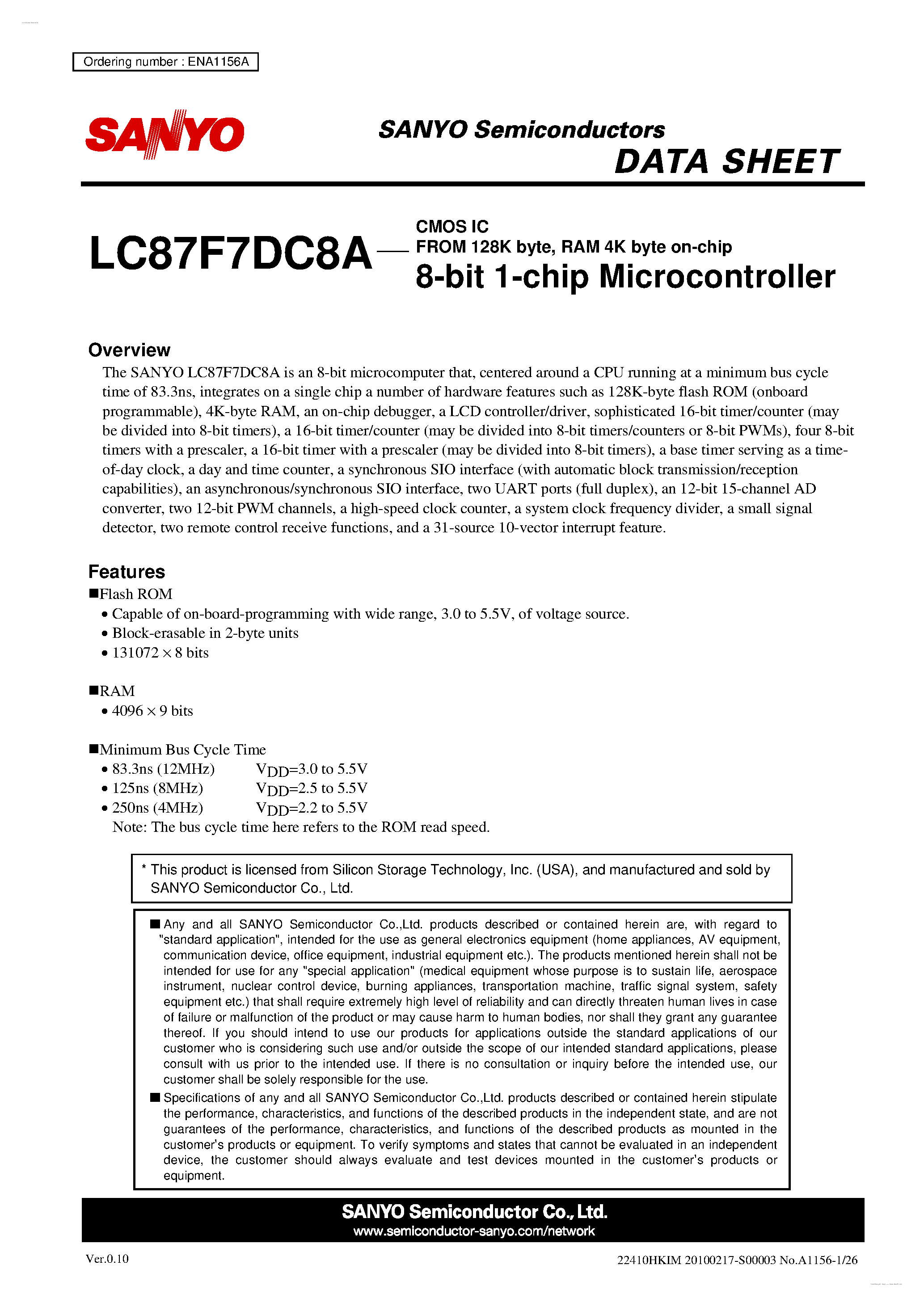 Datasheet LC87F7DC8A - 8-bit 1-chip Microcontroller page 1